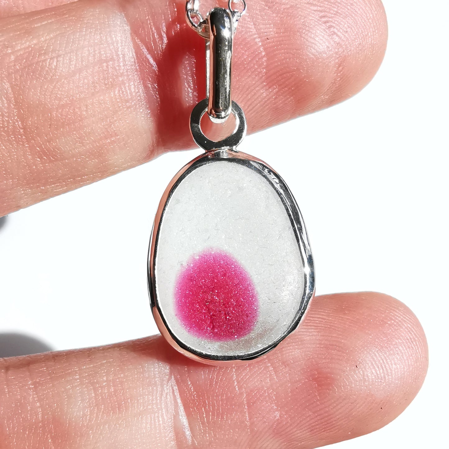 Seaham pink and clear multi sea glass & sterling silver pendant.