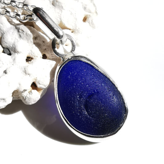 Cobalt blue Seaham sea glass & sterling silver pendant.