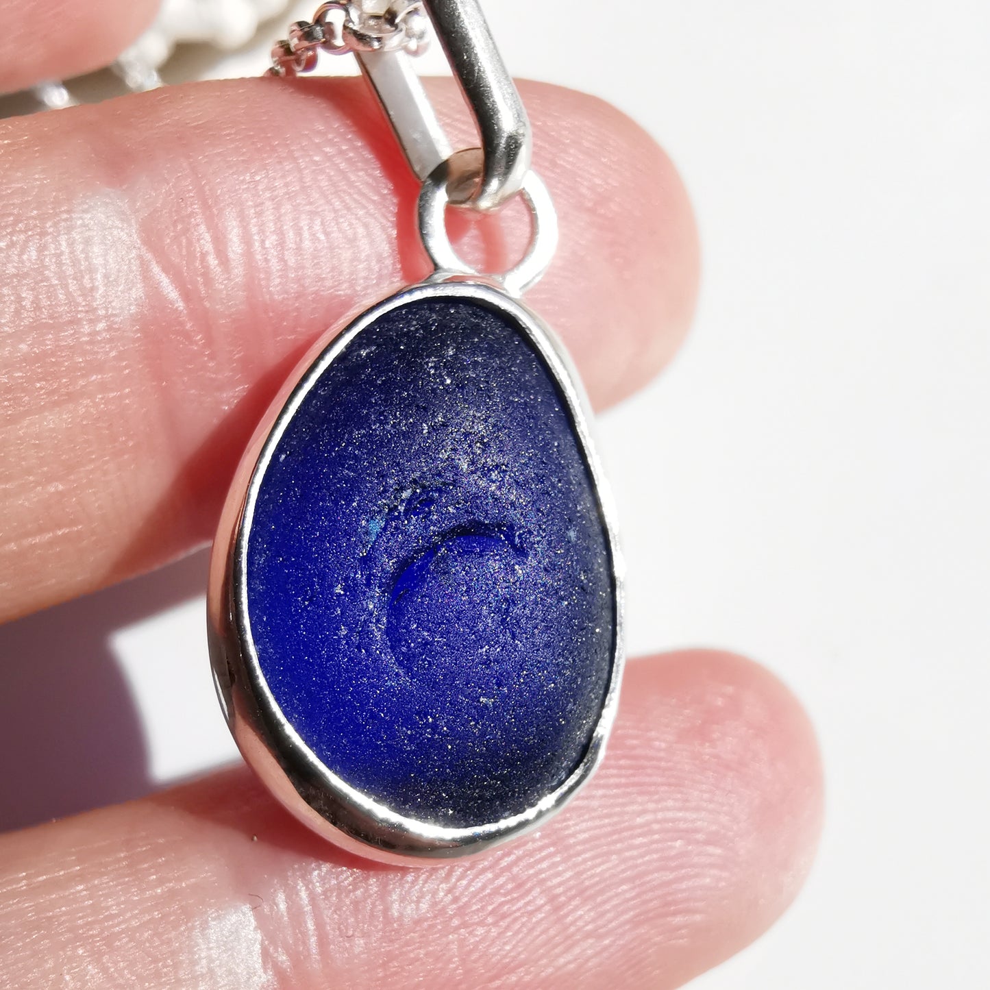 Cobalt blue Seaham sea glass & sterling silver pendant.