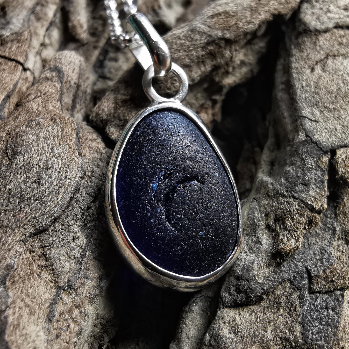 Cobalt blue Seaham sea glass & sterling silver pendant.