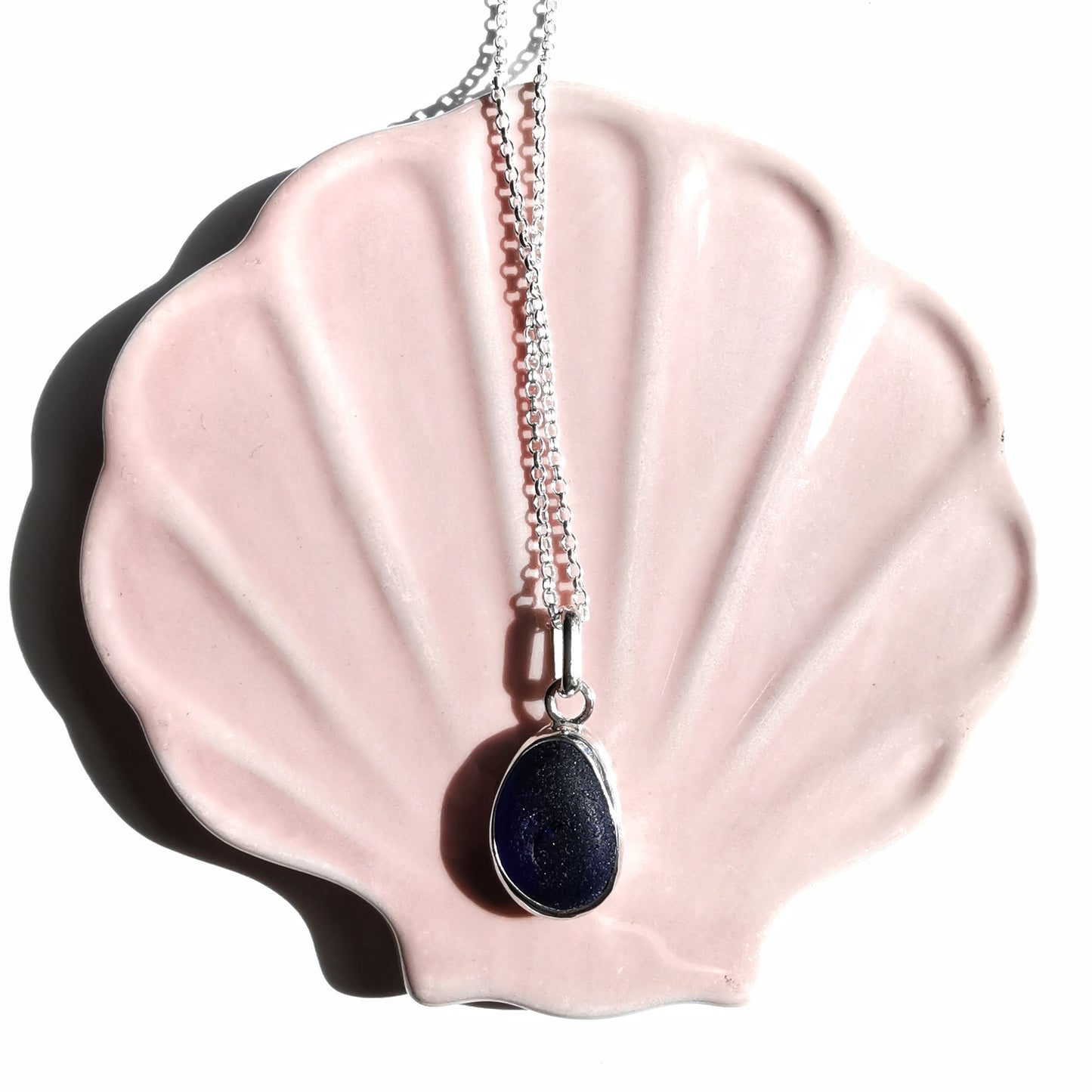 Cobalt blue Seaham sea glass & sterling silver pendant.