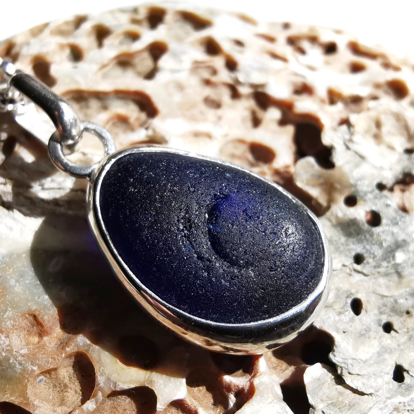 Cobalt blue Seaham sea glass & sterling silver pendant.