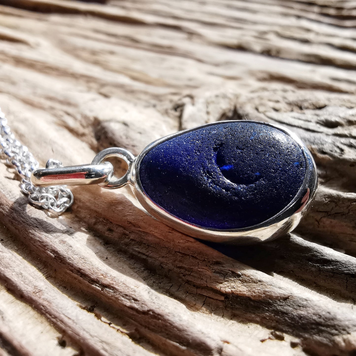 Cobalt blue Seaham sea glass & sterling silver pendant.