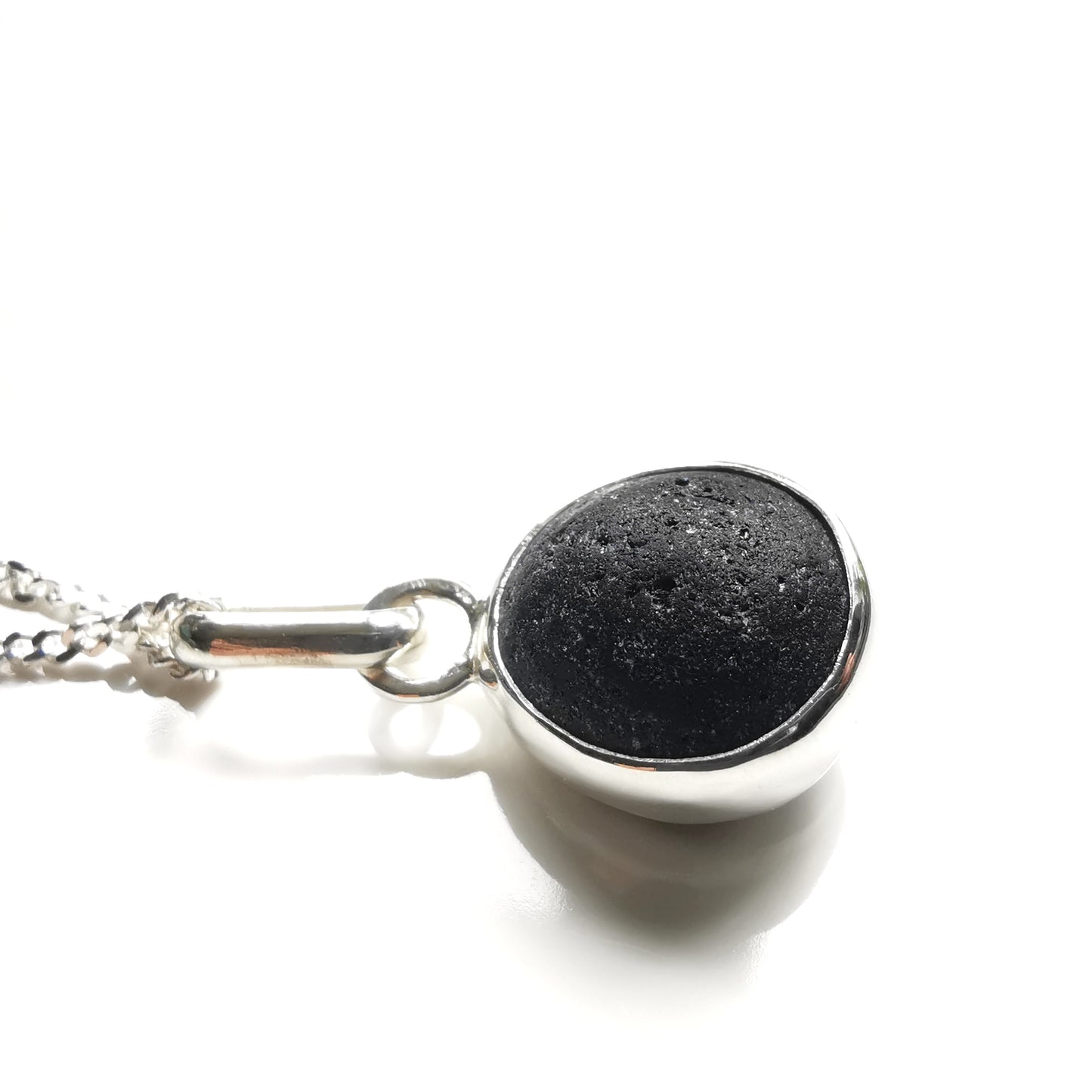 Seaham black sea glass & sterling silver pendant.