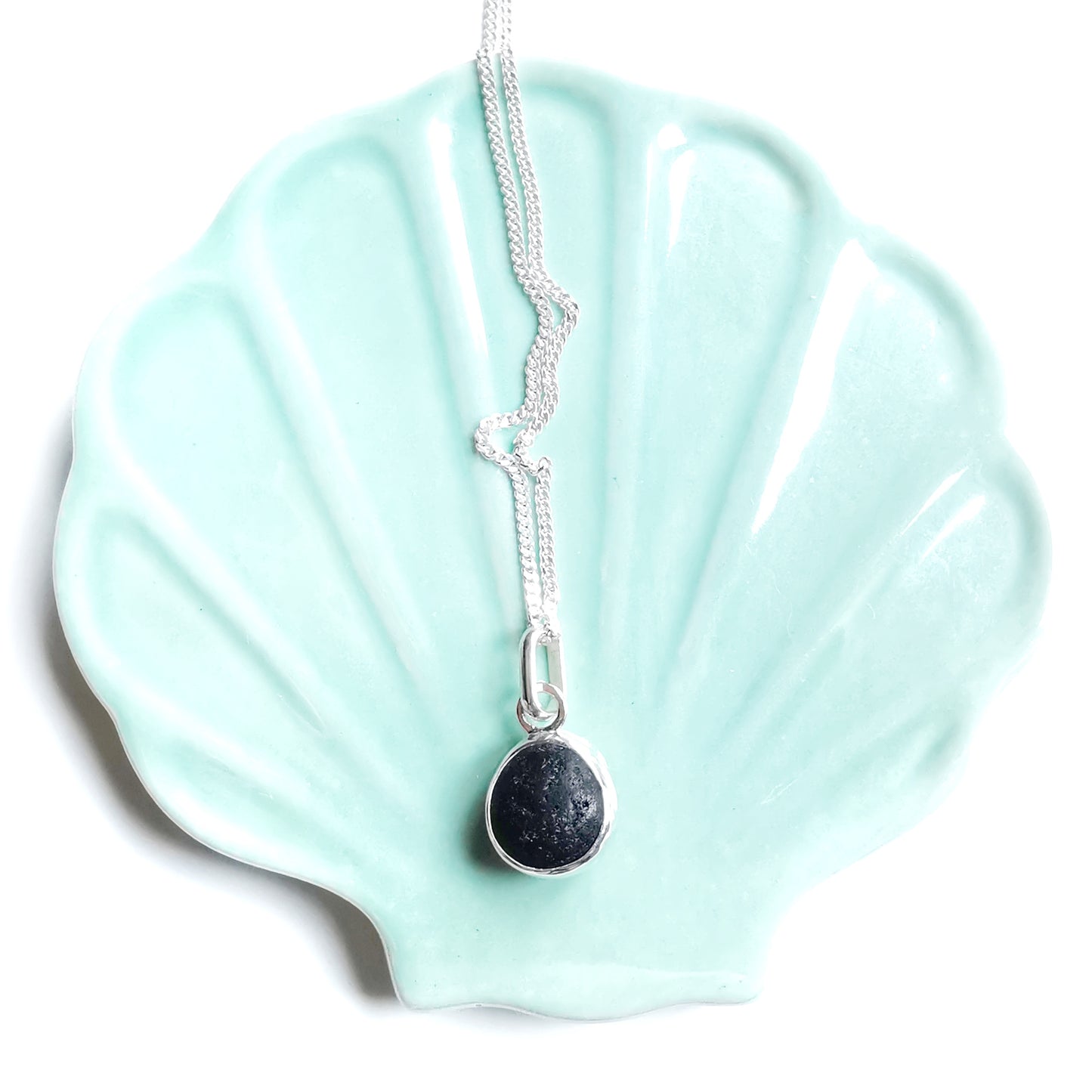 Seaham black sea glass & sterling silver pendant.