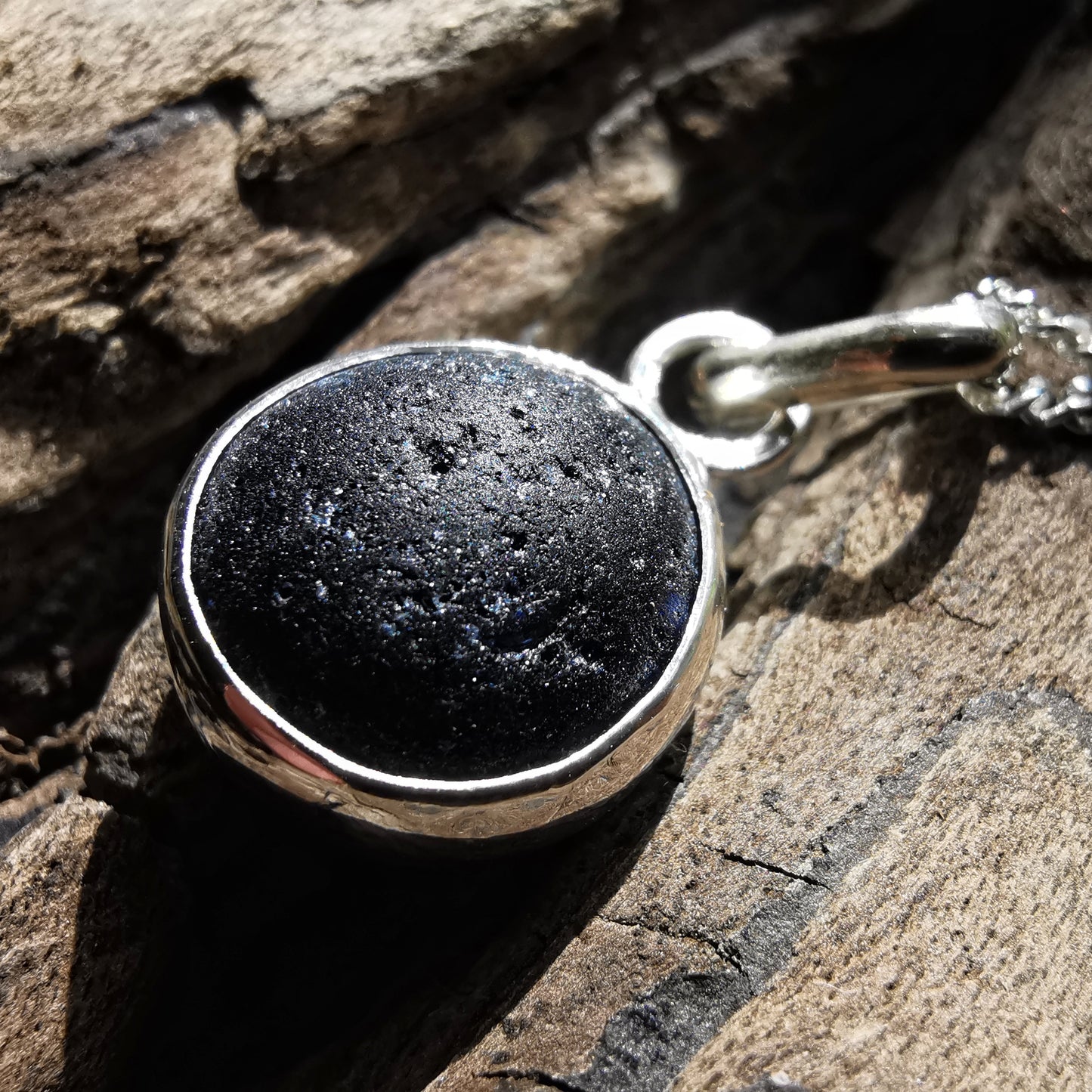 Seaham black sea glass & sterling silver pendant.