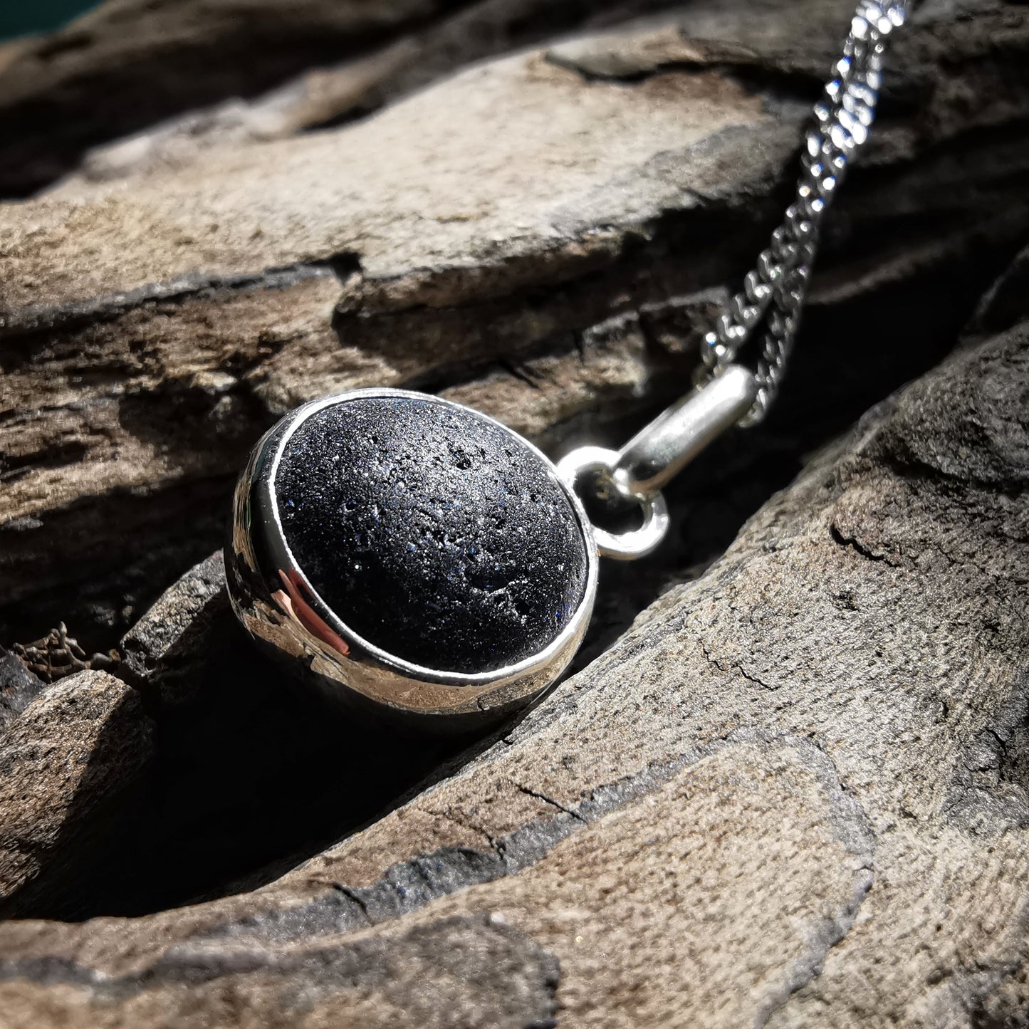 Seaham black sea glass & sterling silver pendant.