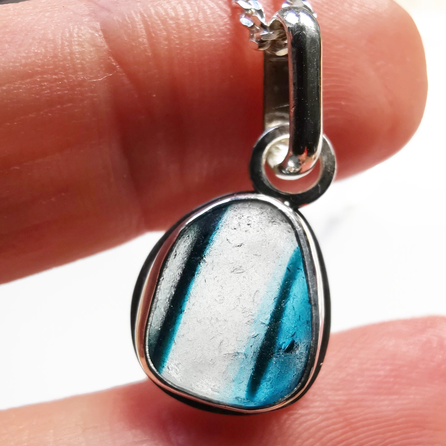 Seaham stripey teal, blue and clear multi sea glass & sterling silver pendant.