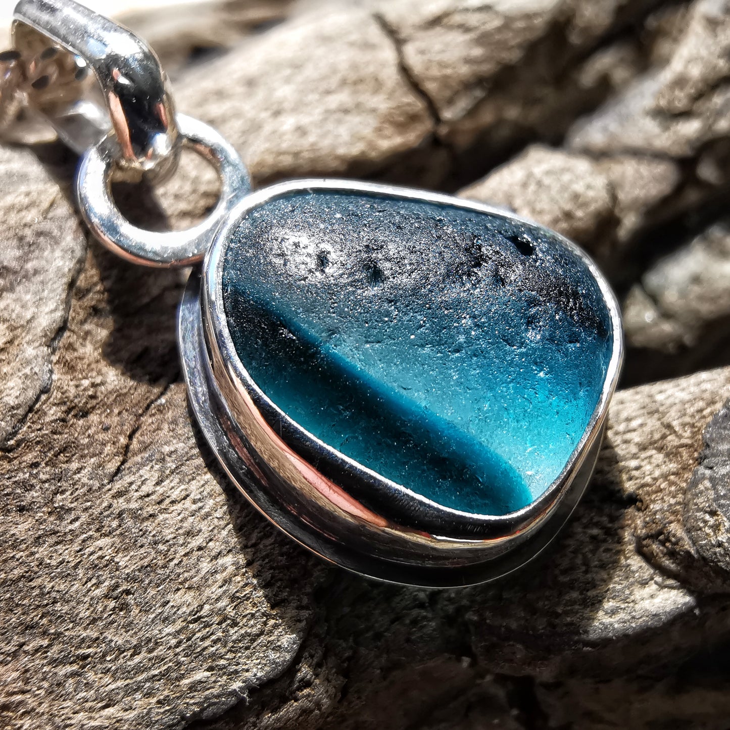 Seaham stripey teal, blue and clear multi sea glass & sterling silver pendant.