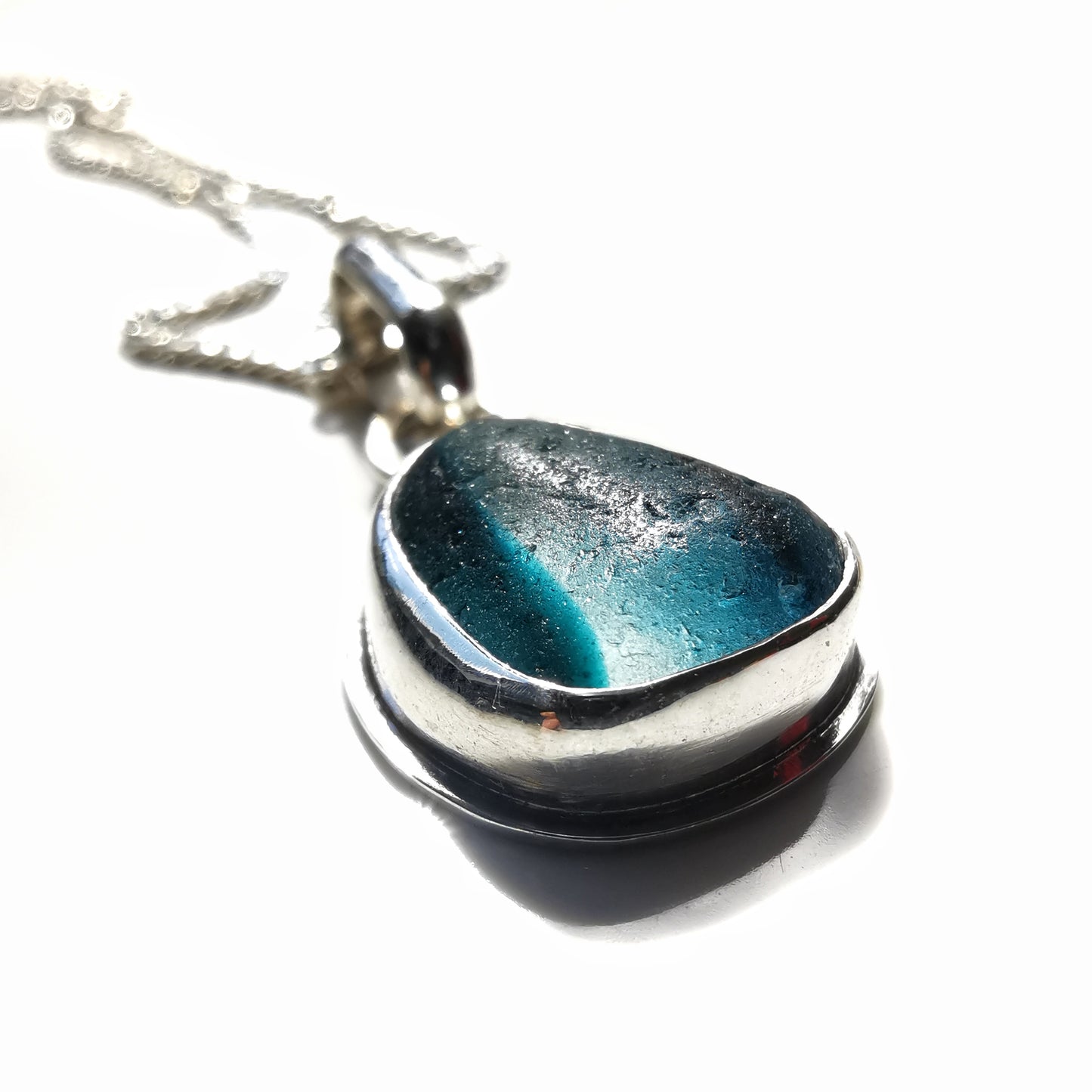 Seaham stripey teal, blue and clear multi sea glass & sterling silver pendant.