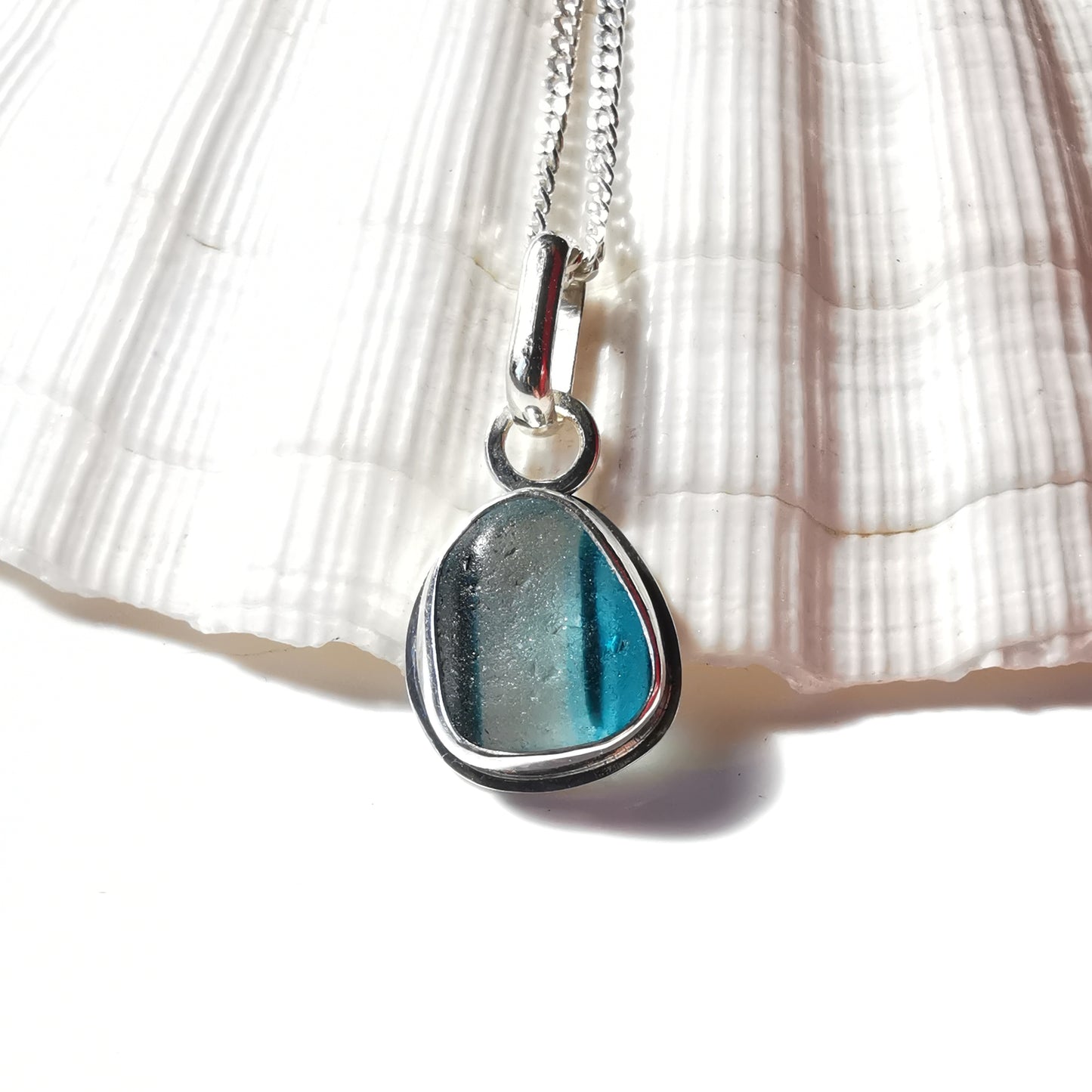 Seaham stripey teal, blue and clear multi sea glass & sterling silver pendant.