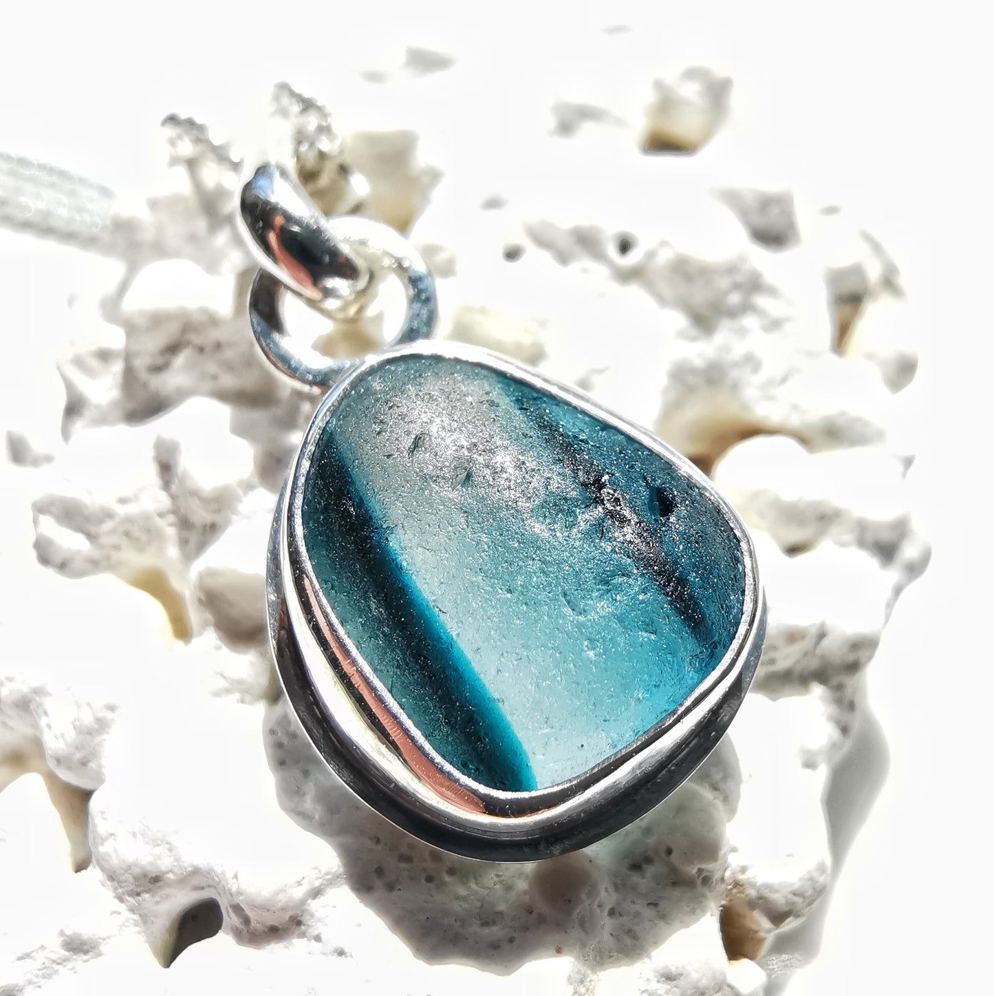 Seaham stripey teal, blue and clear multi sea glass & sterling silver pendant.