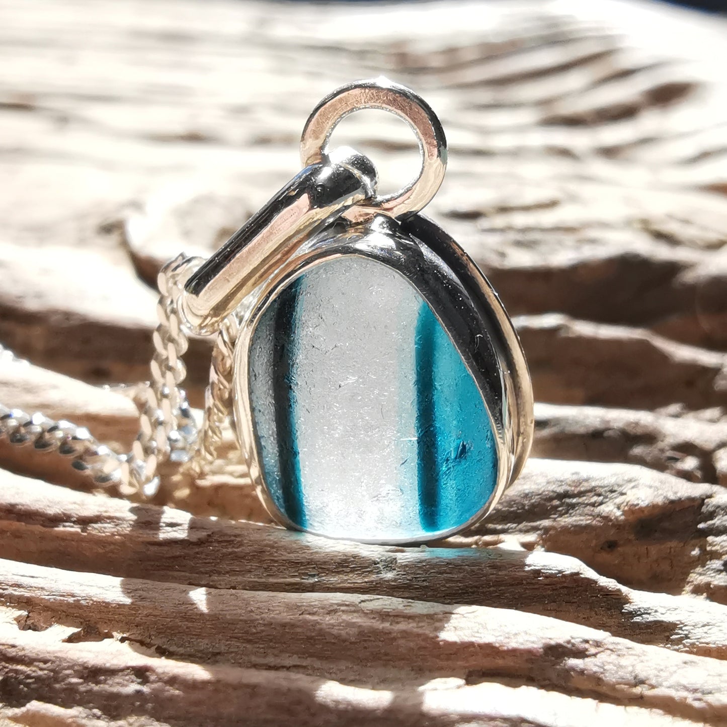 Seaham stripey teal, blue and clear multi sea glass & sterling silver pendant.