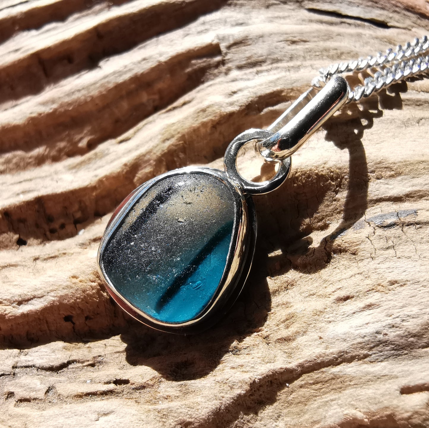 Seaham stripey teal, blue and clear multi sea glass & sterling silver pendant.