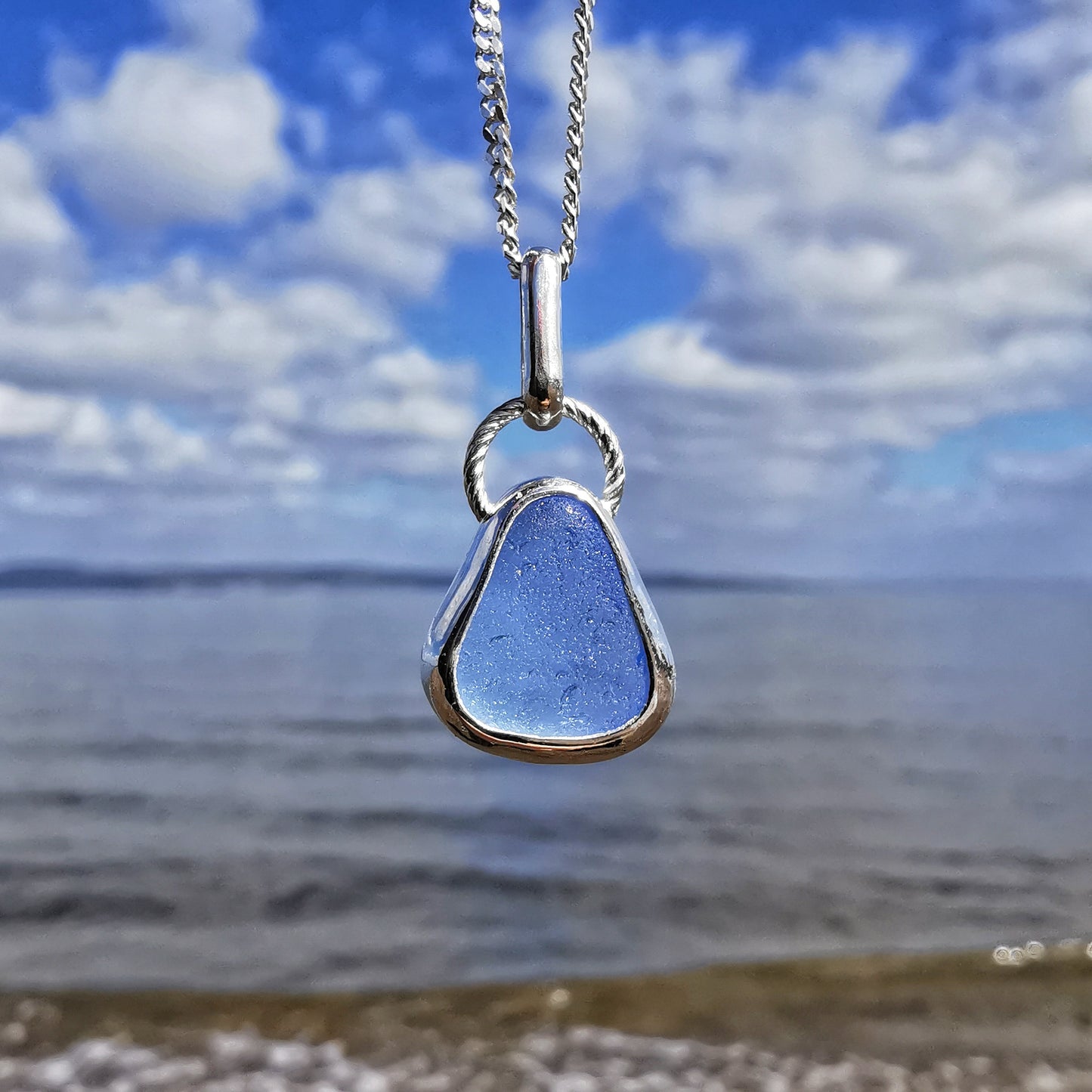 Seaham sky blue sea glass & sterling silver pendant.