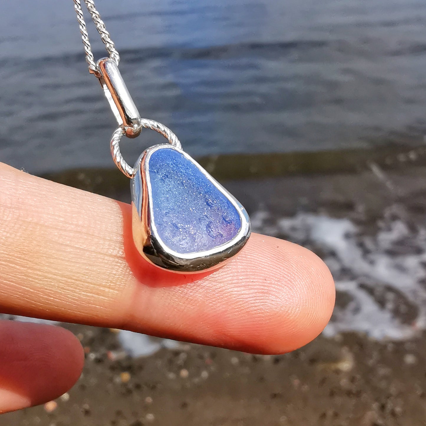 Seaham sky blue sea glass & sterling silver pendant.