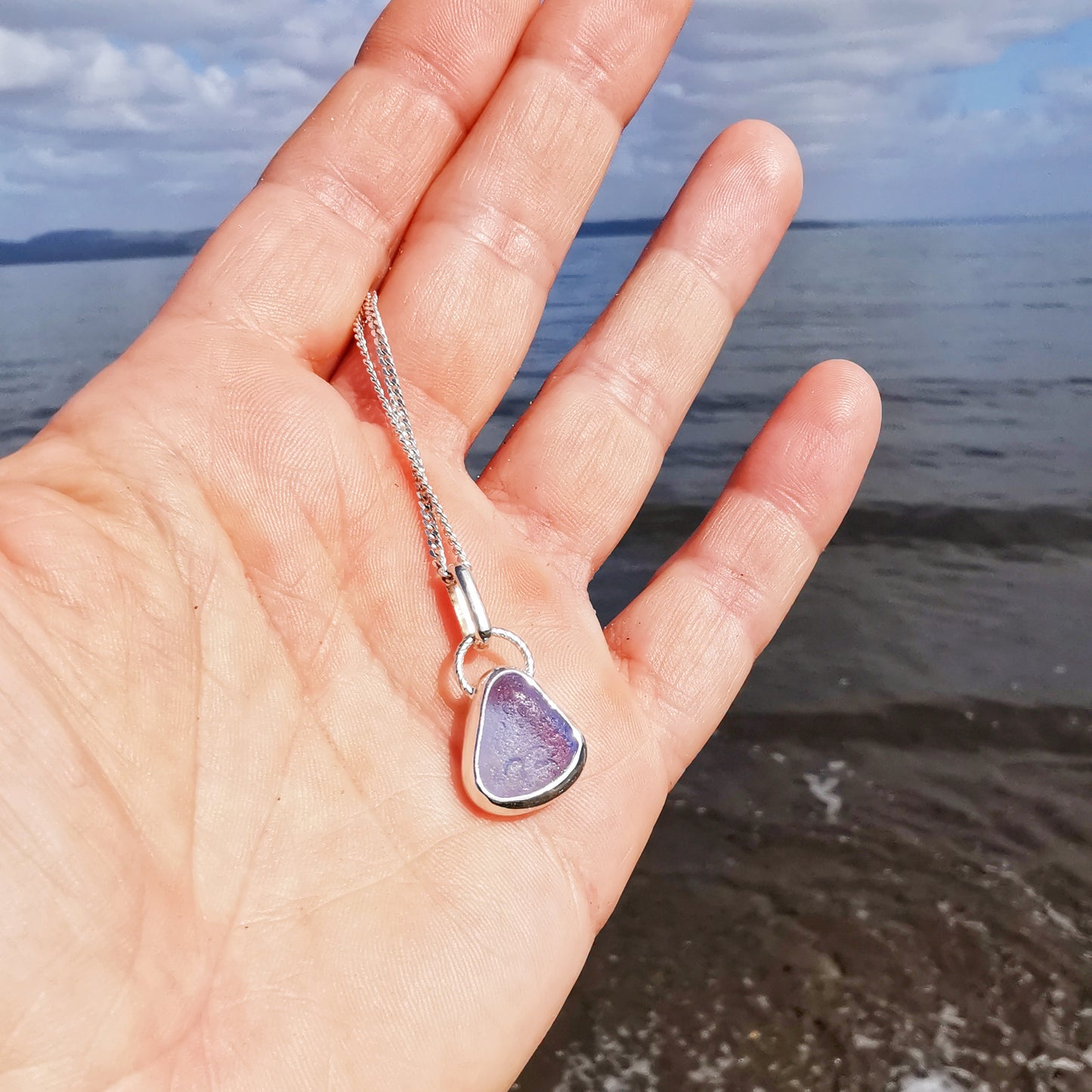 Seaham sky blue sea glass & sterling silver pendant.