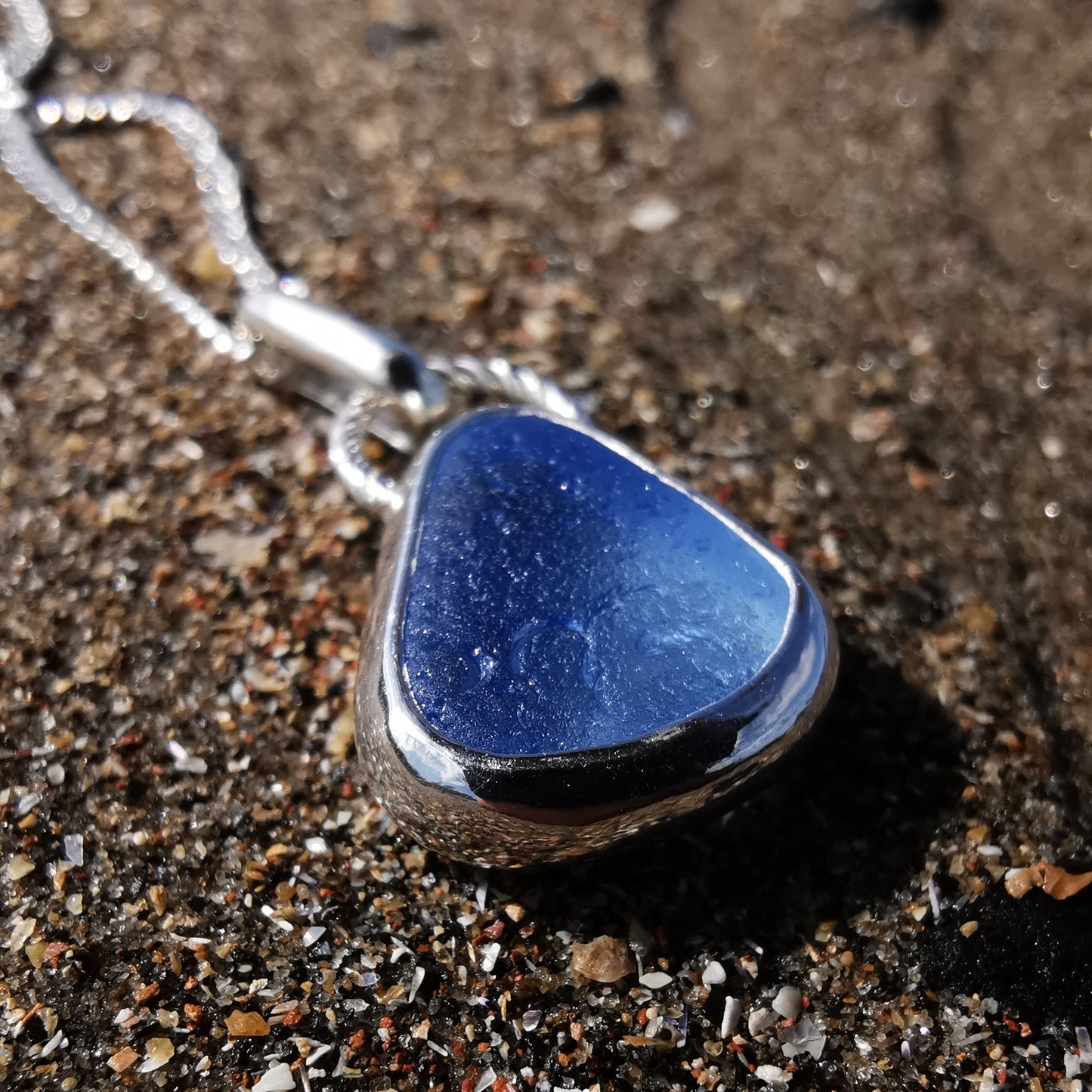 Seaham sky blue sea glass & sterling silver pendant.