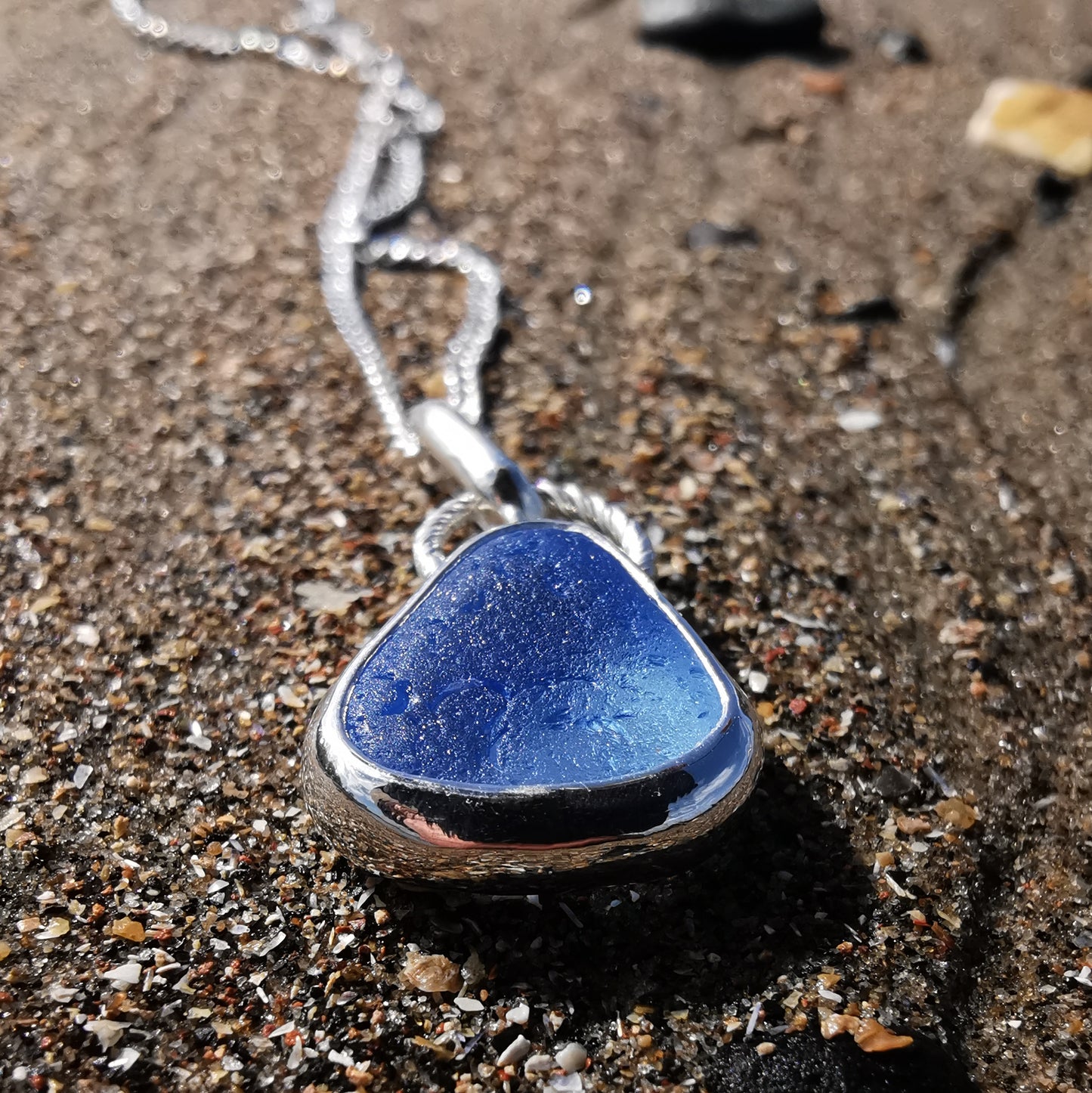 Seaham sky blue sea glass & sterling silver pendant.