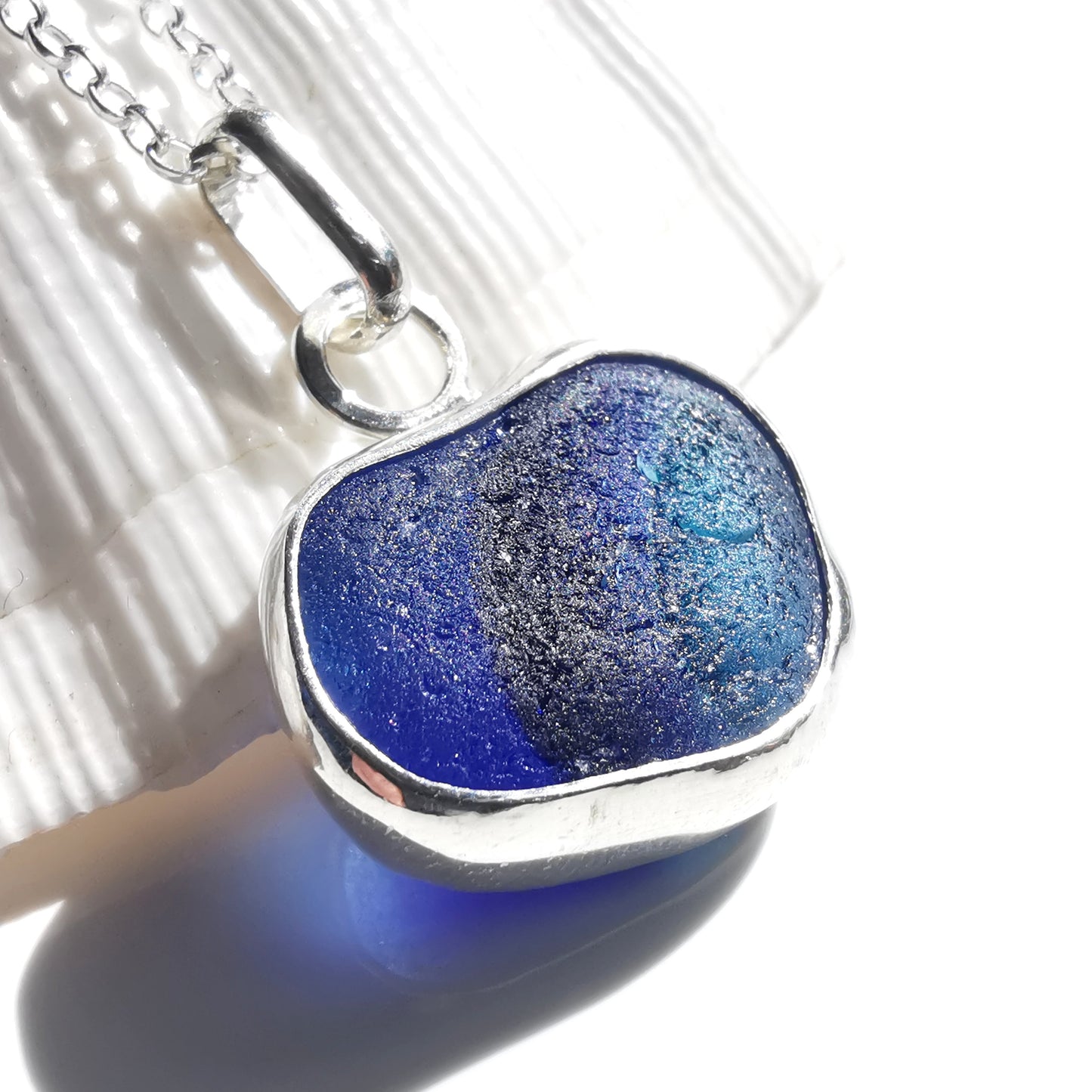 Seaham blue multi sea glass heart & sterling silver pendant.