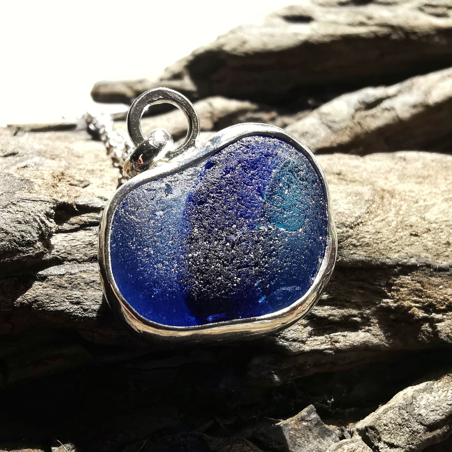 Seaham blue multi sea glass heart & sterling silver pendant.