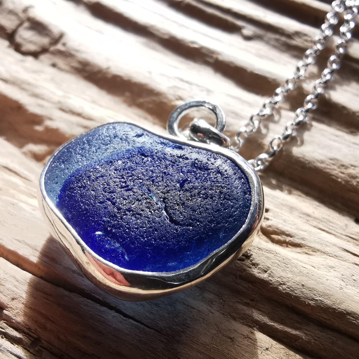 Seaham blue multi sea glass heart & sterling silver pendant.