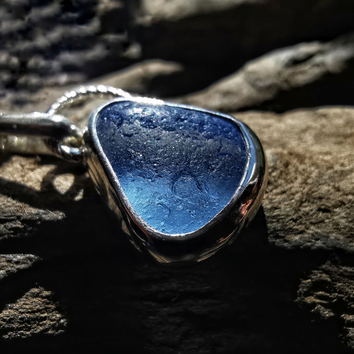 Seaham sky blue sea glass & sterling silver pendant.