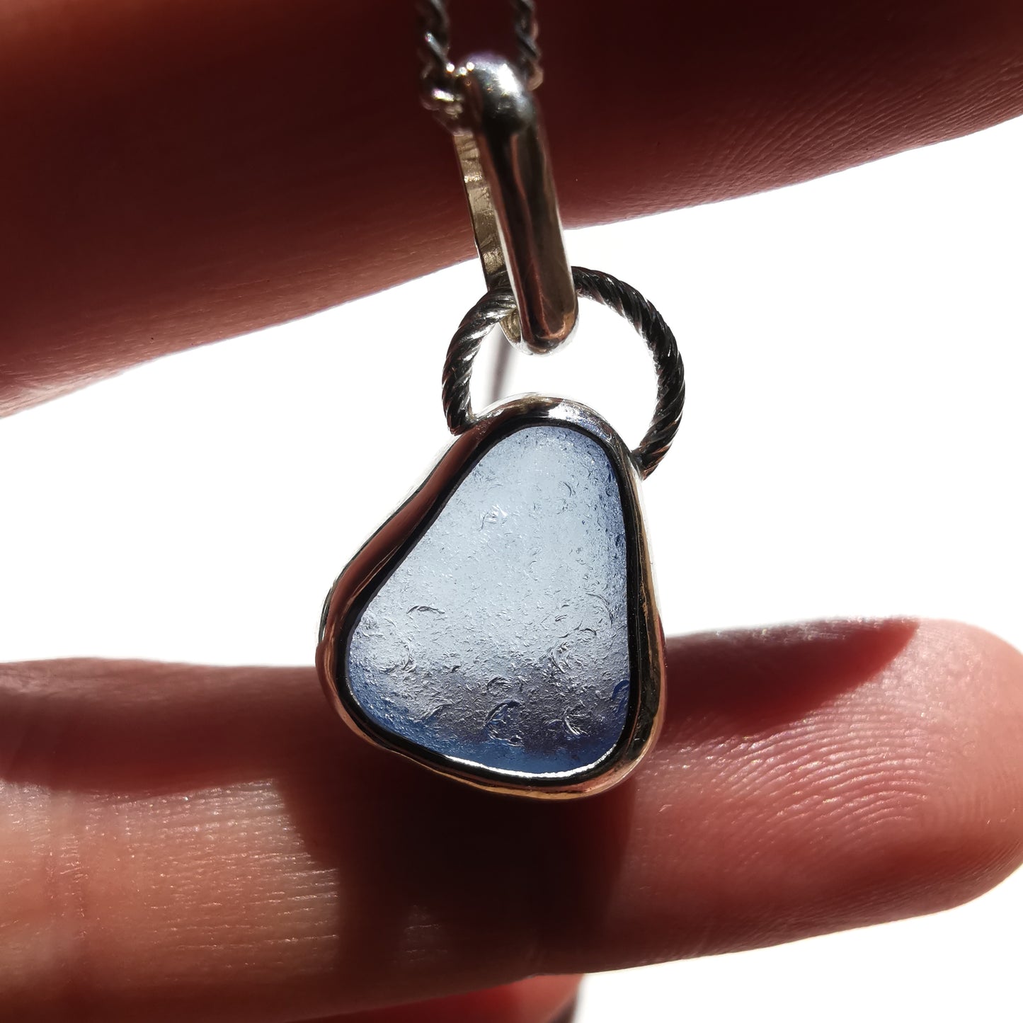 Seaham sky blue sea glass & sterling silver pendant.