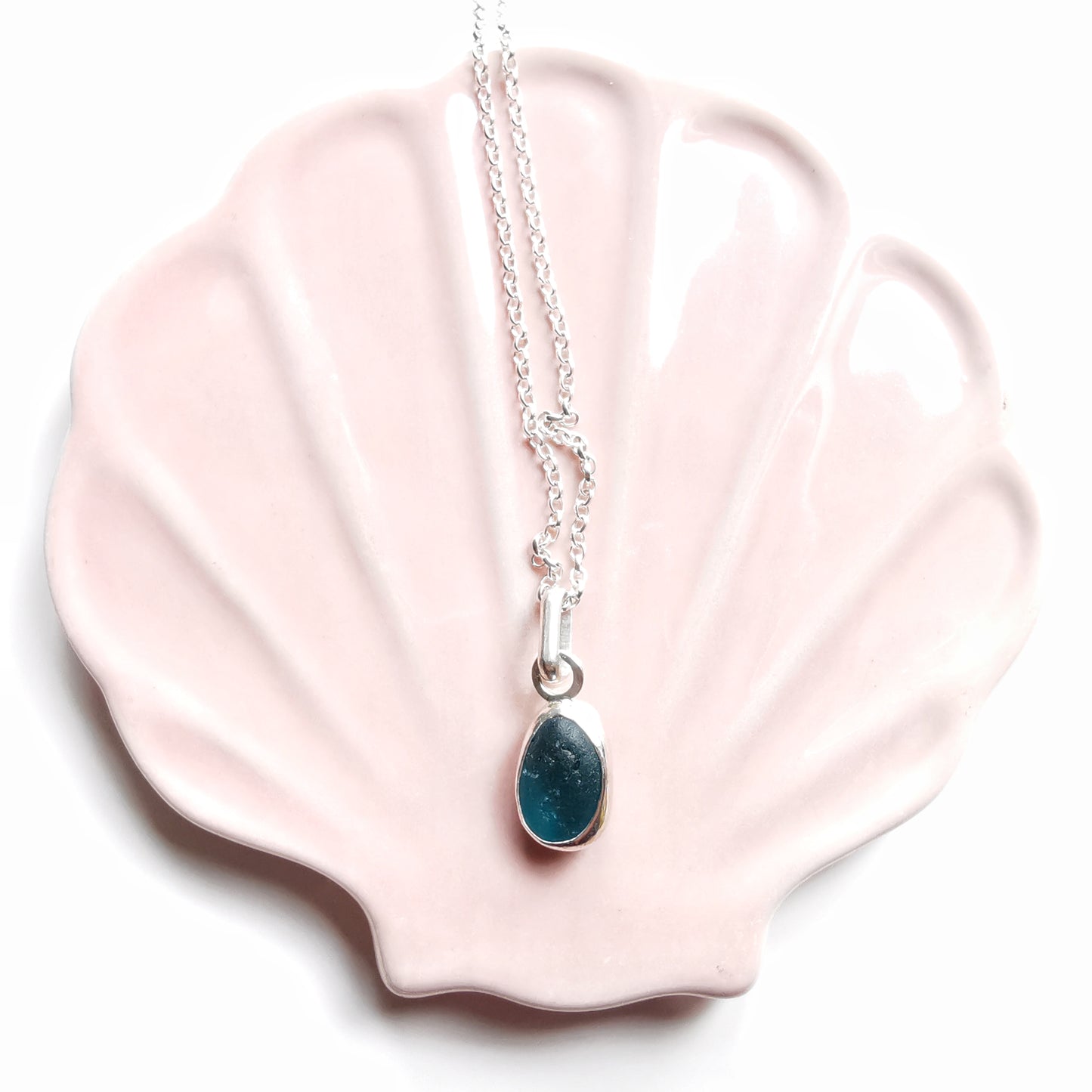 Scottish teal blue sea glass & sterling silver pendant.