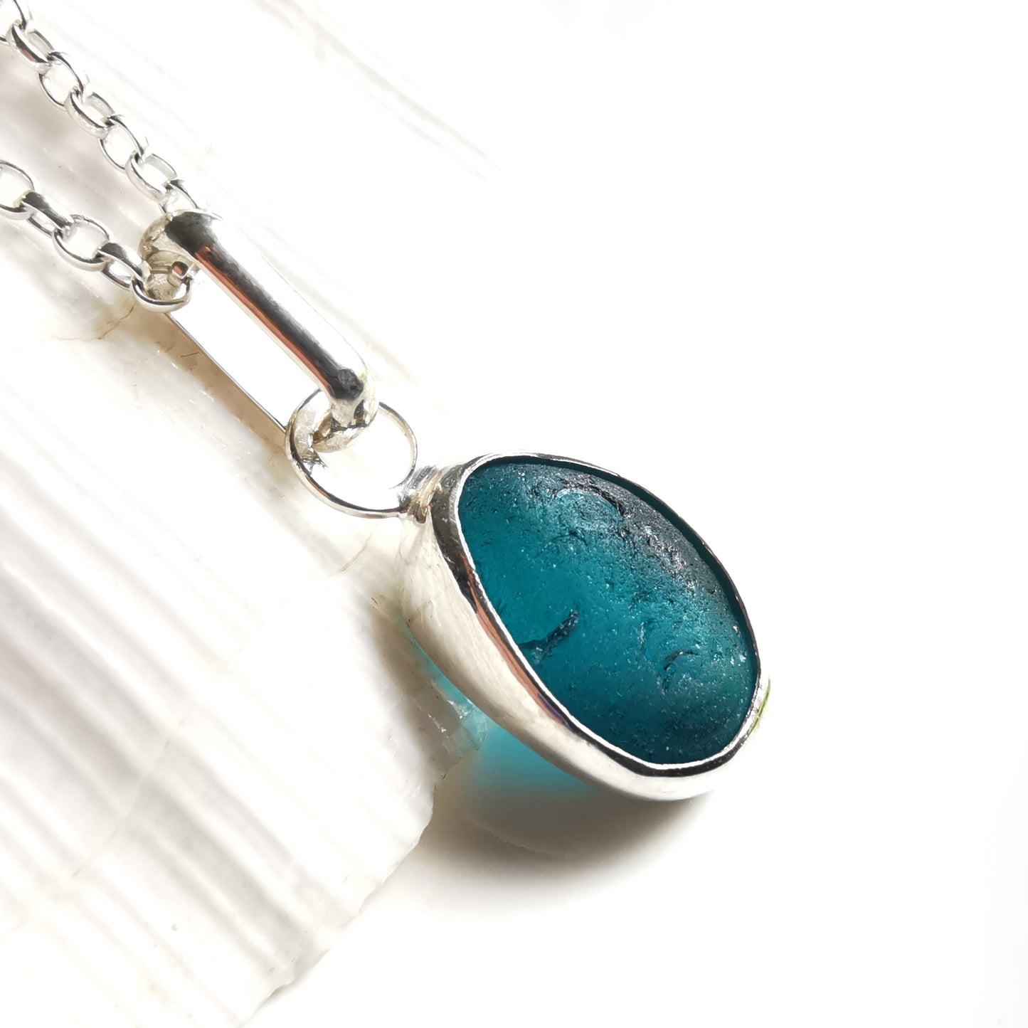 Scottish teal blue sea glass & sterling silver pendant.