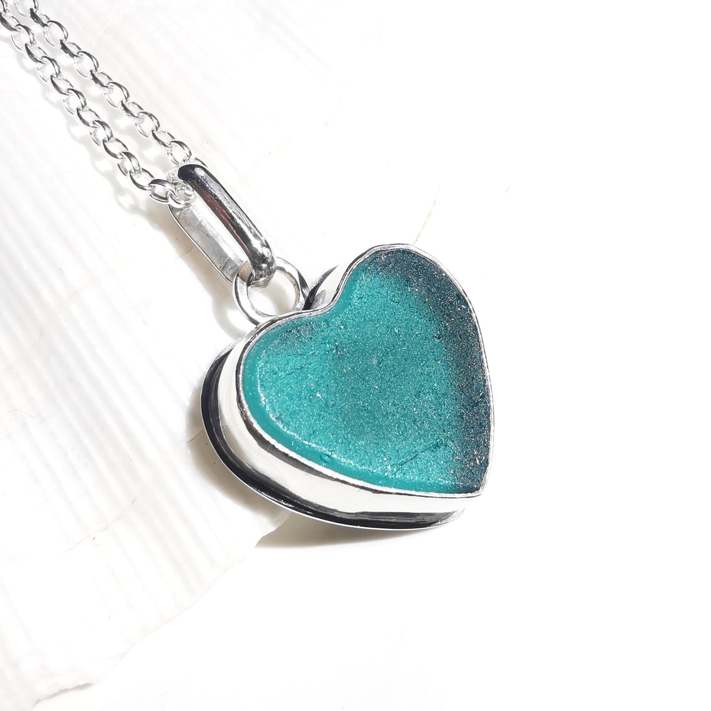 Reserved for Gatia. Scottish teal sea glass heart & sterling silver pendant.