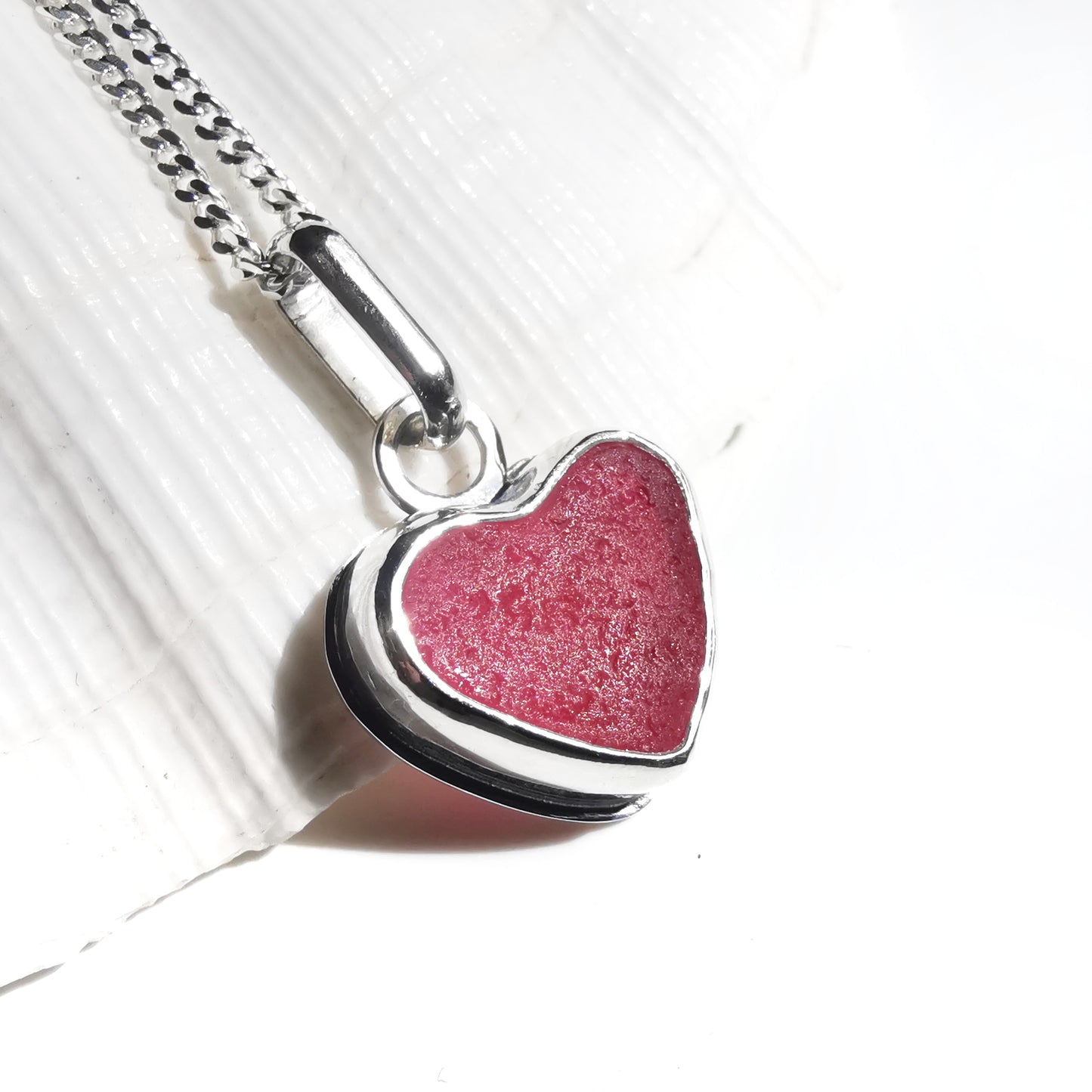 Scottish pink sea glass heart & sterling silver pendant.