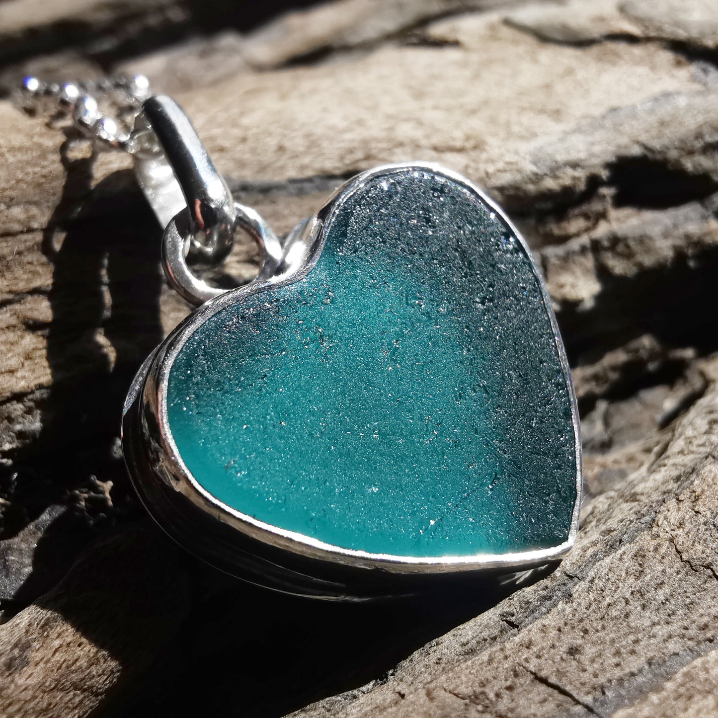 Reserved for Gatia. Scottish teal sea glass heart & sterling silver pendant.