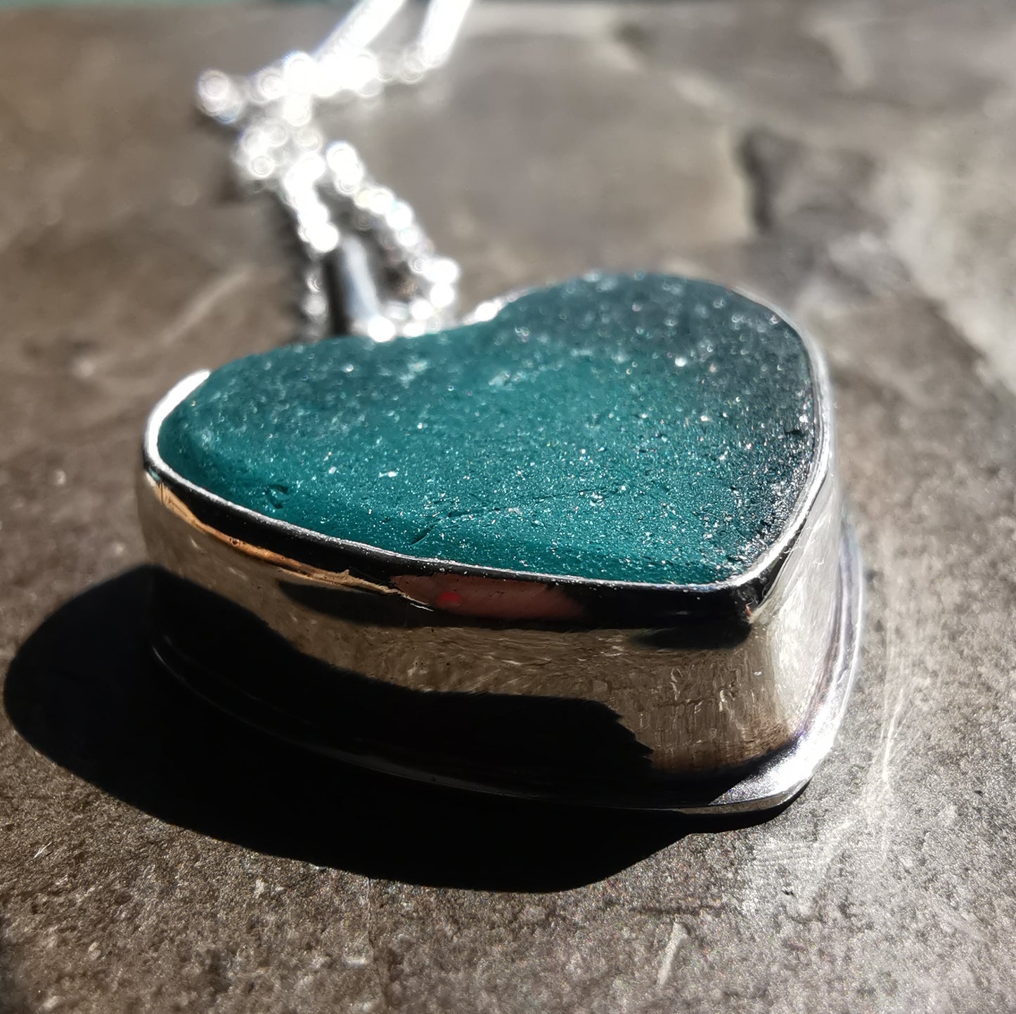 Reserved for Gatia. Scottish teal sea glass heart & sterling silver pendant.