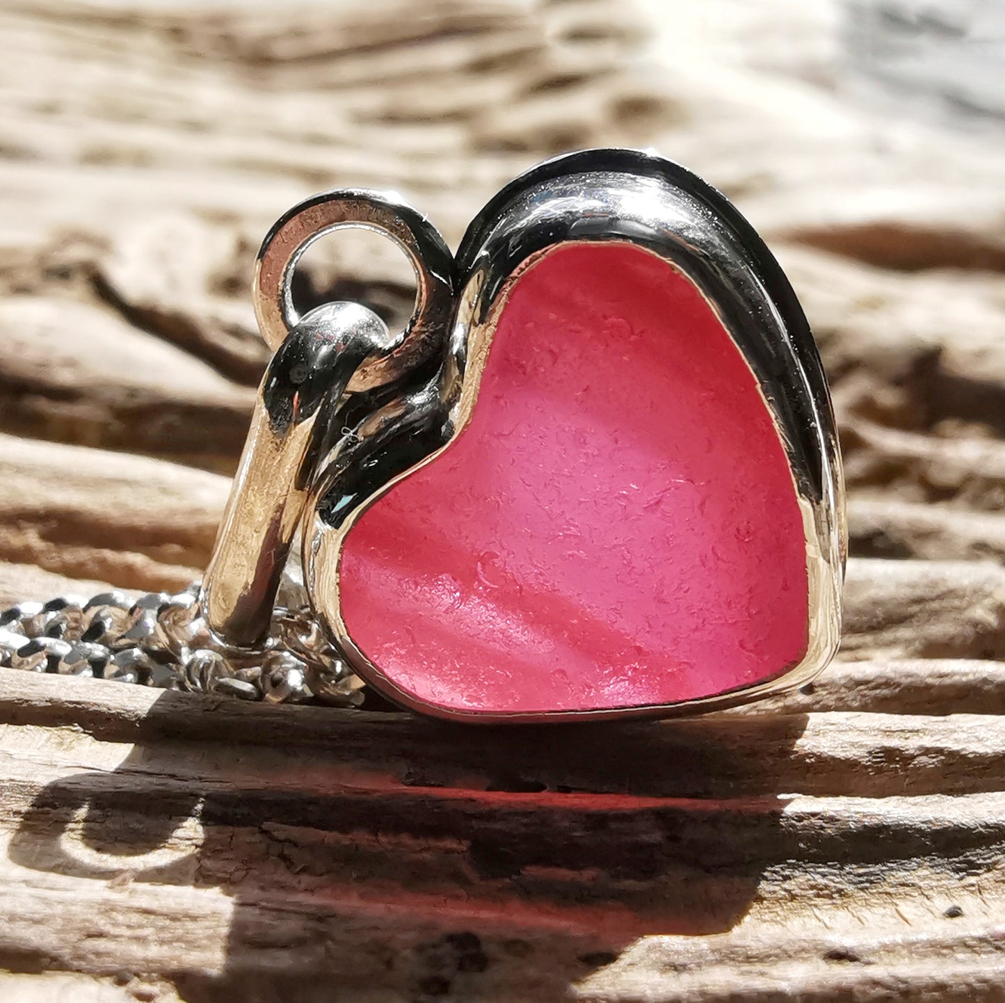 Scottish pink sea glass heart & sterling silver pendant.