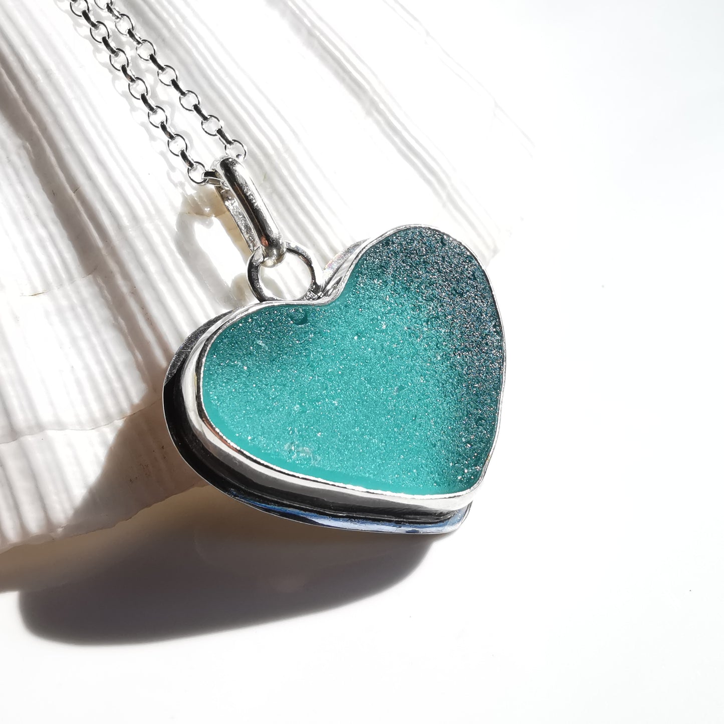 Reserved for Gatia. Scottish teal sea glass heart & sterling silver pendant.