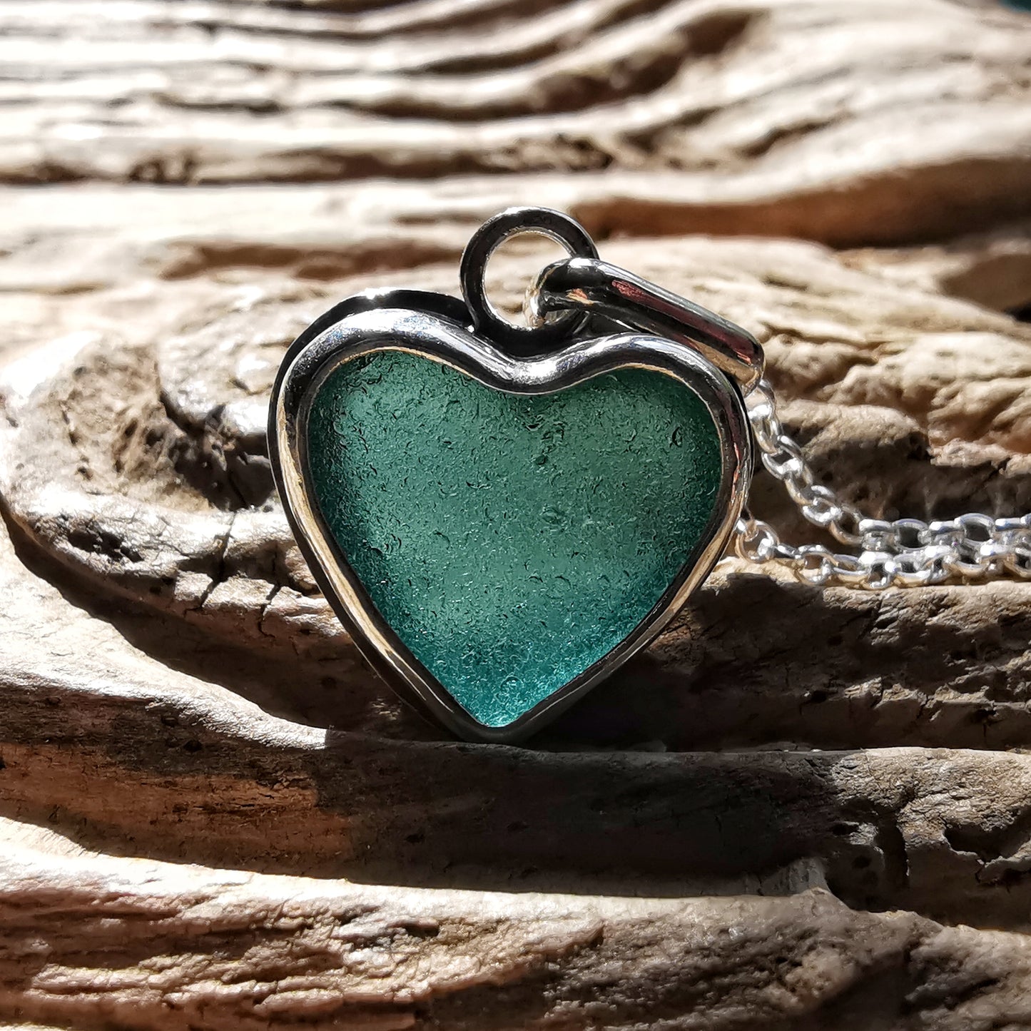 Scottish teal sea glass heart & sterling silver pendant.