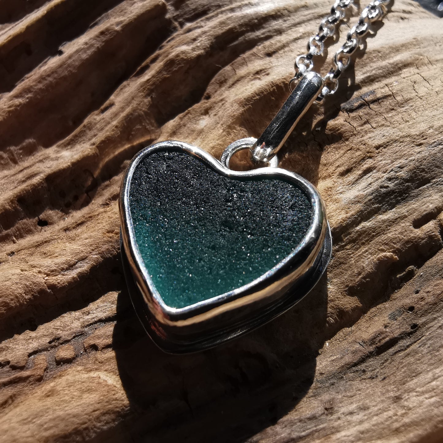 Scottish teal sea glass heart & sterling silver pendant.