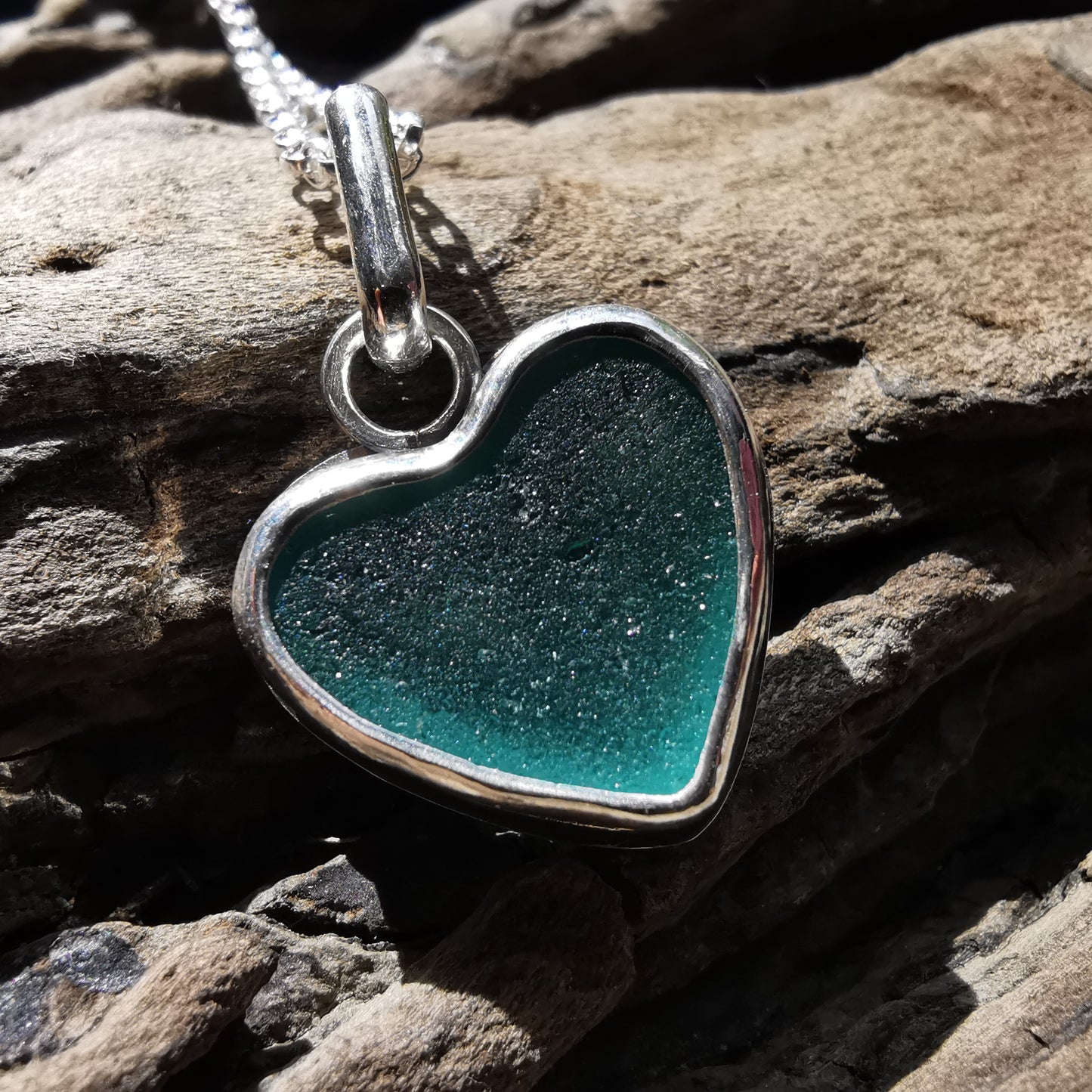 Scottish teal sea glass heart & sterling silver pendant.