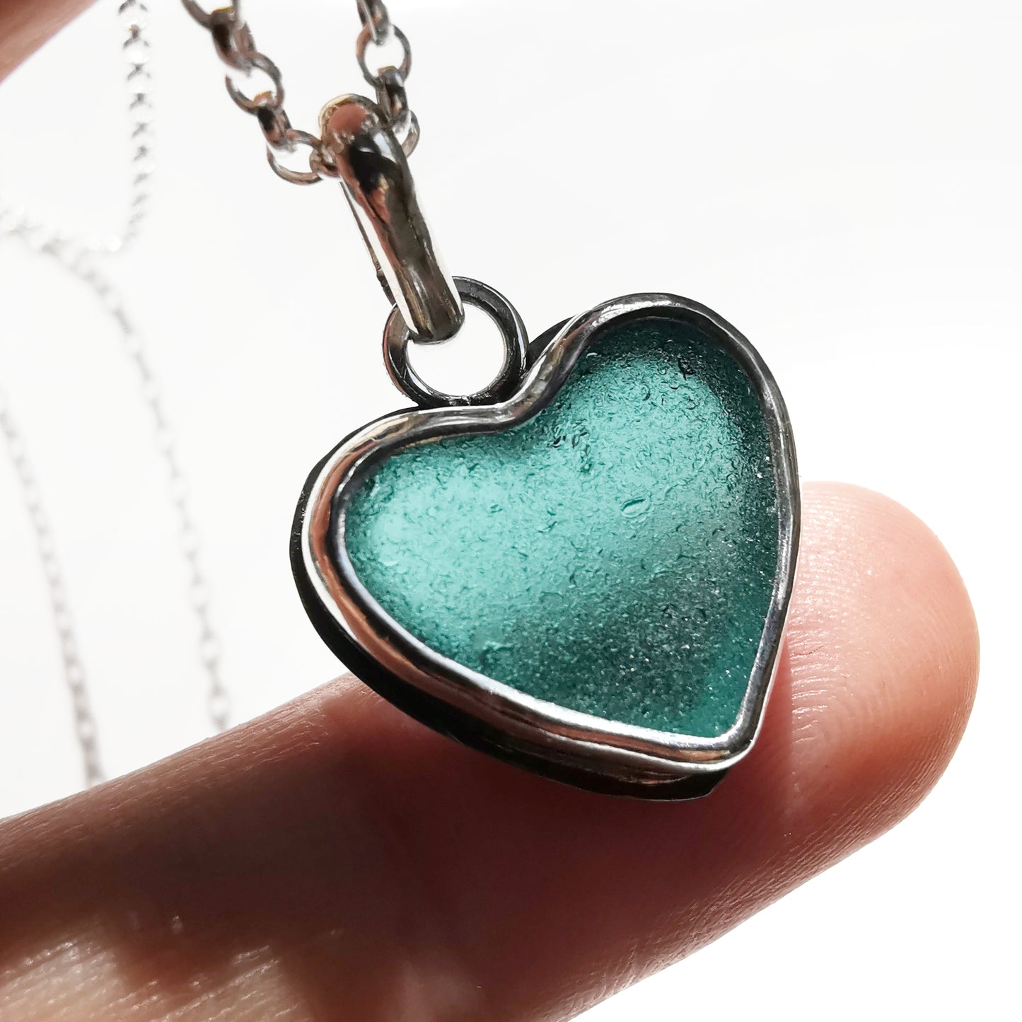 Scottish teal sea glass heart & sterling silver pendant.