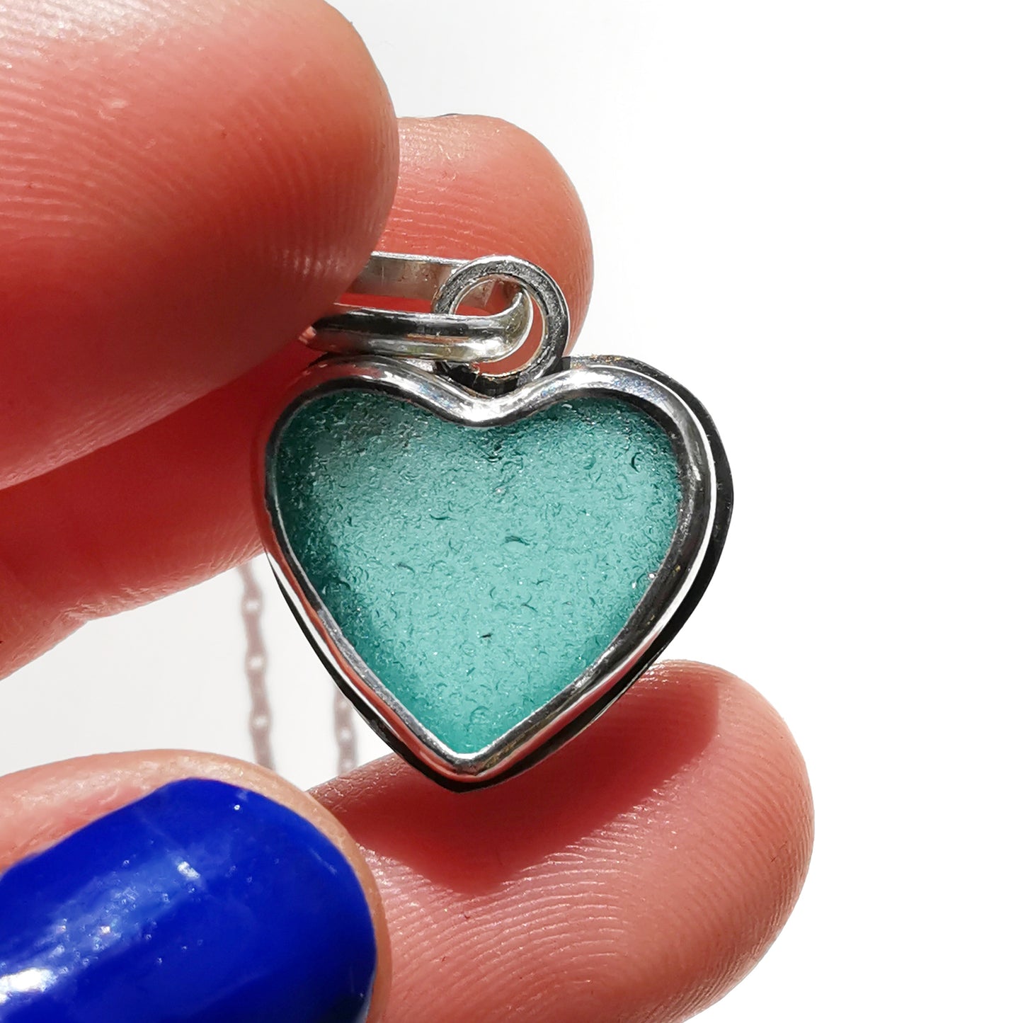 Scottish teal sea glass heart & sterling silver pendant.