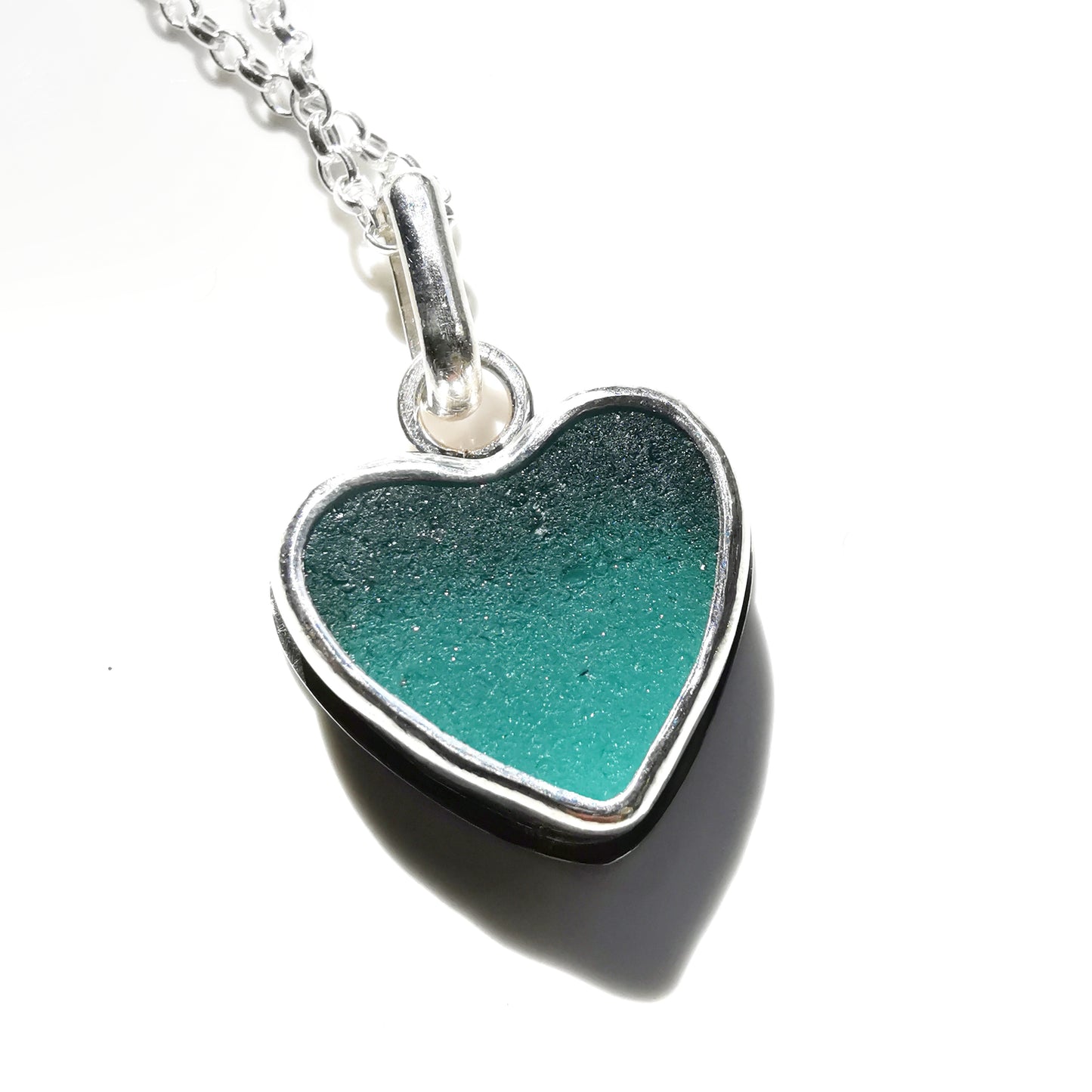 Scottish teal sea glass heart & sterling silver pendant.