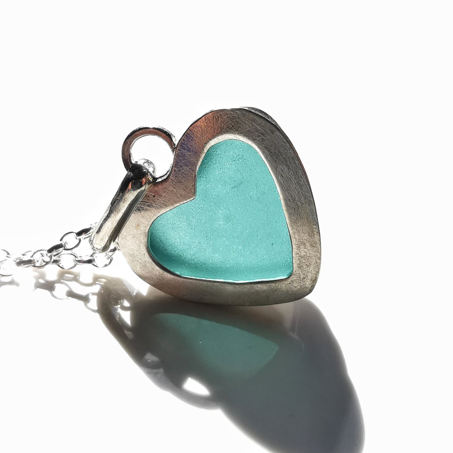 Scottish teal sea glass heart & sterling silver pendant.