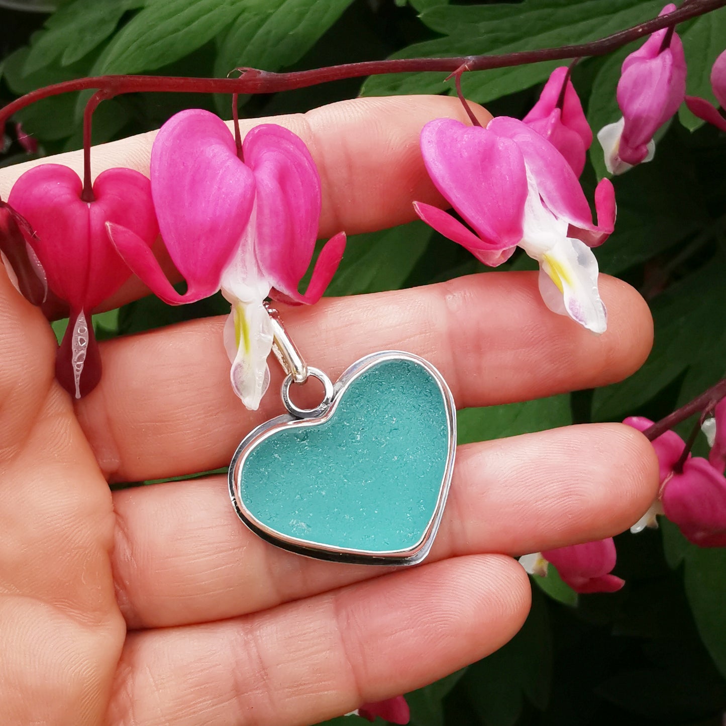 Reserved for Gatia. Scottish teal sea glass heart & sterling silver pendant.