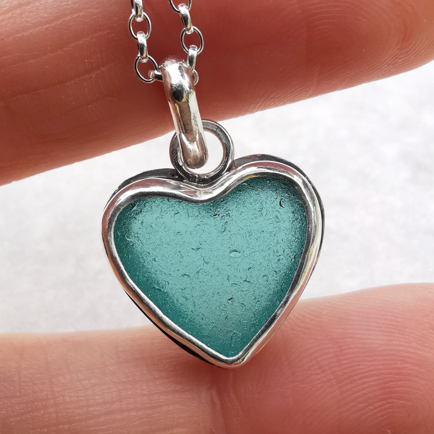 Scottish teal sea glass heart & sterling silver pendant.