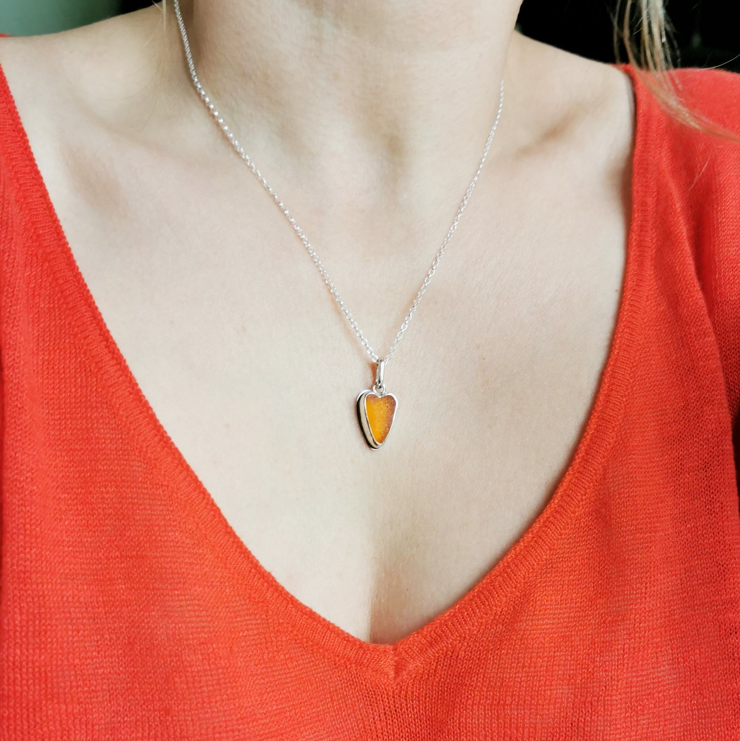 Scottish orange UV sea glass heart & sterling silver pendant.