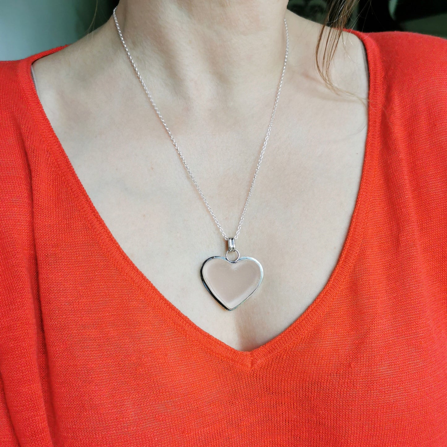 Scottish large soft pink sea glass heart & sterling silver pendant.