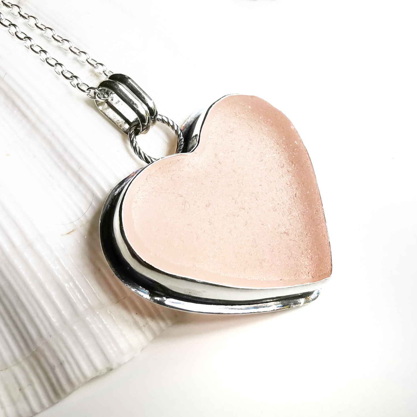 Scottish large soft pink sea glass heart & sterling silver pendant.