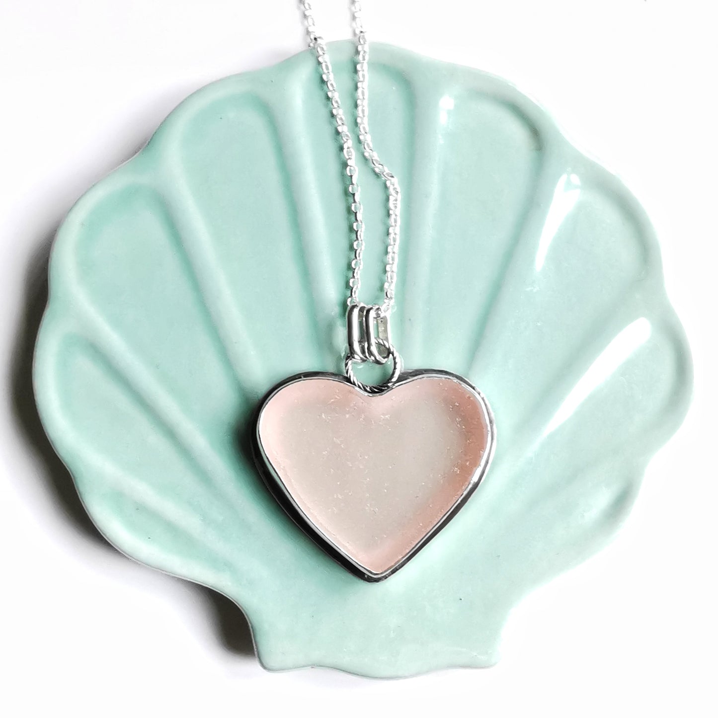 Scottish large soft pink sea glass heart & sterling silver pendant.