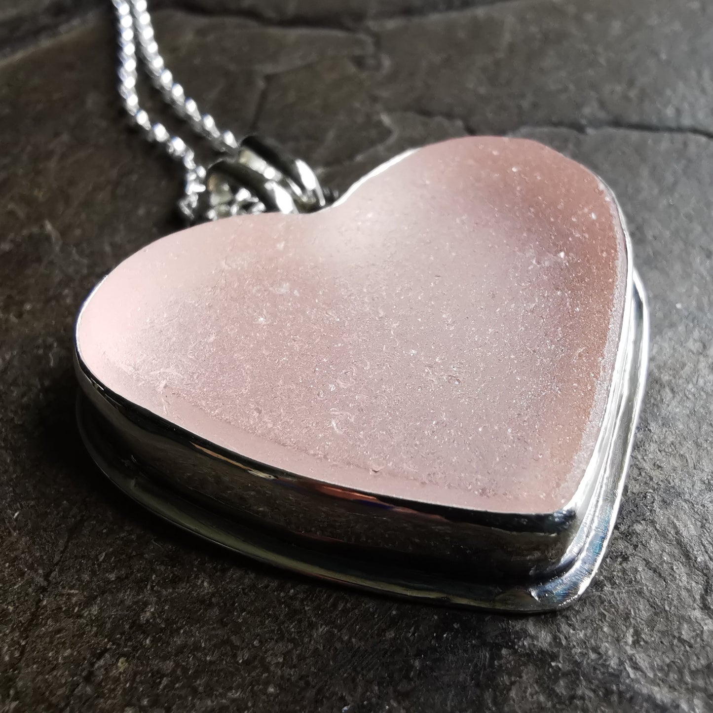 Scottish large soft pink sea glass heart & sterling silver pendant.